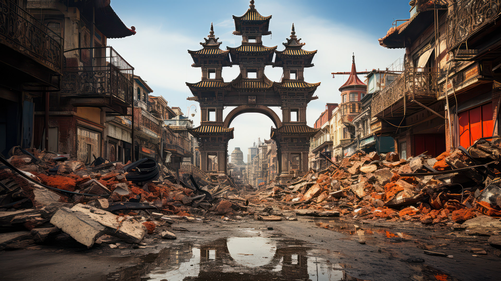 The iconic Dragon Gate of Chinatown, its details obscured by ash