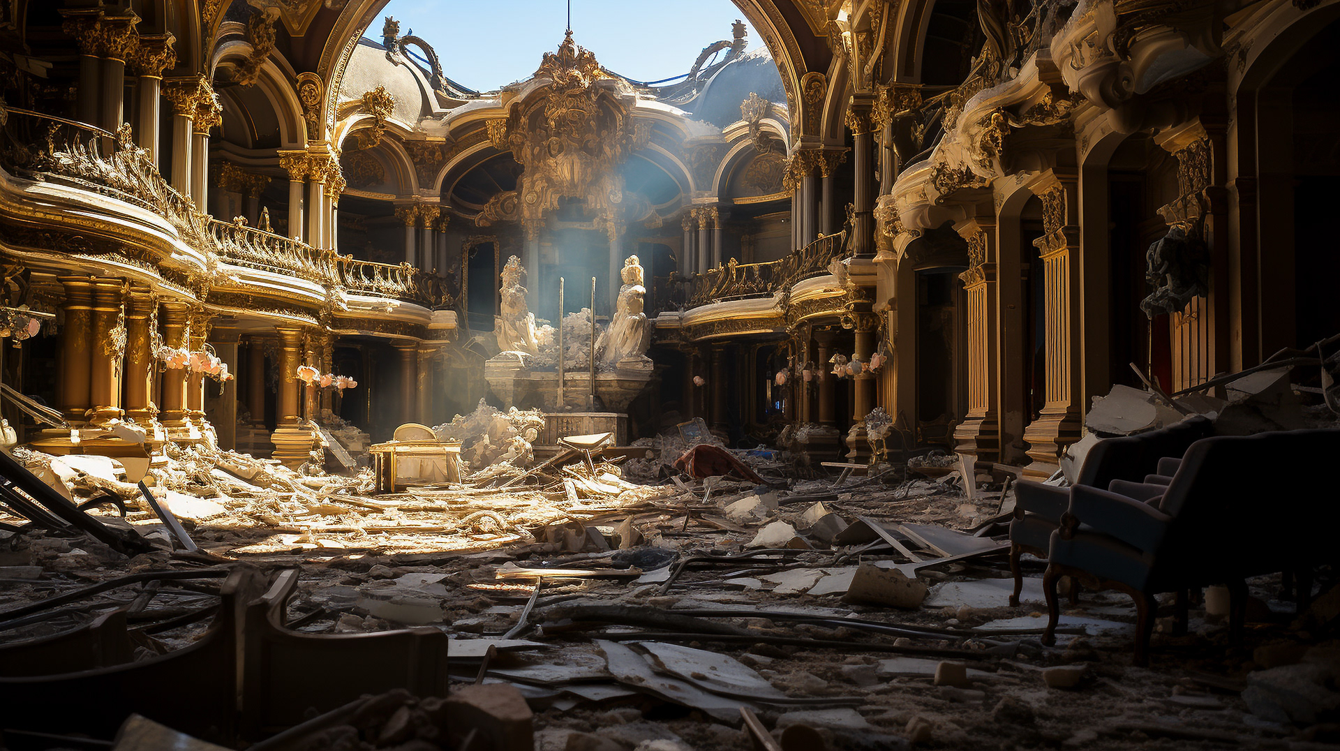 The collapsed roof of the Opéra Garnier symbolizes Paris' wounded artistic heart