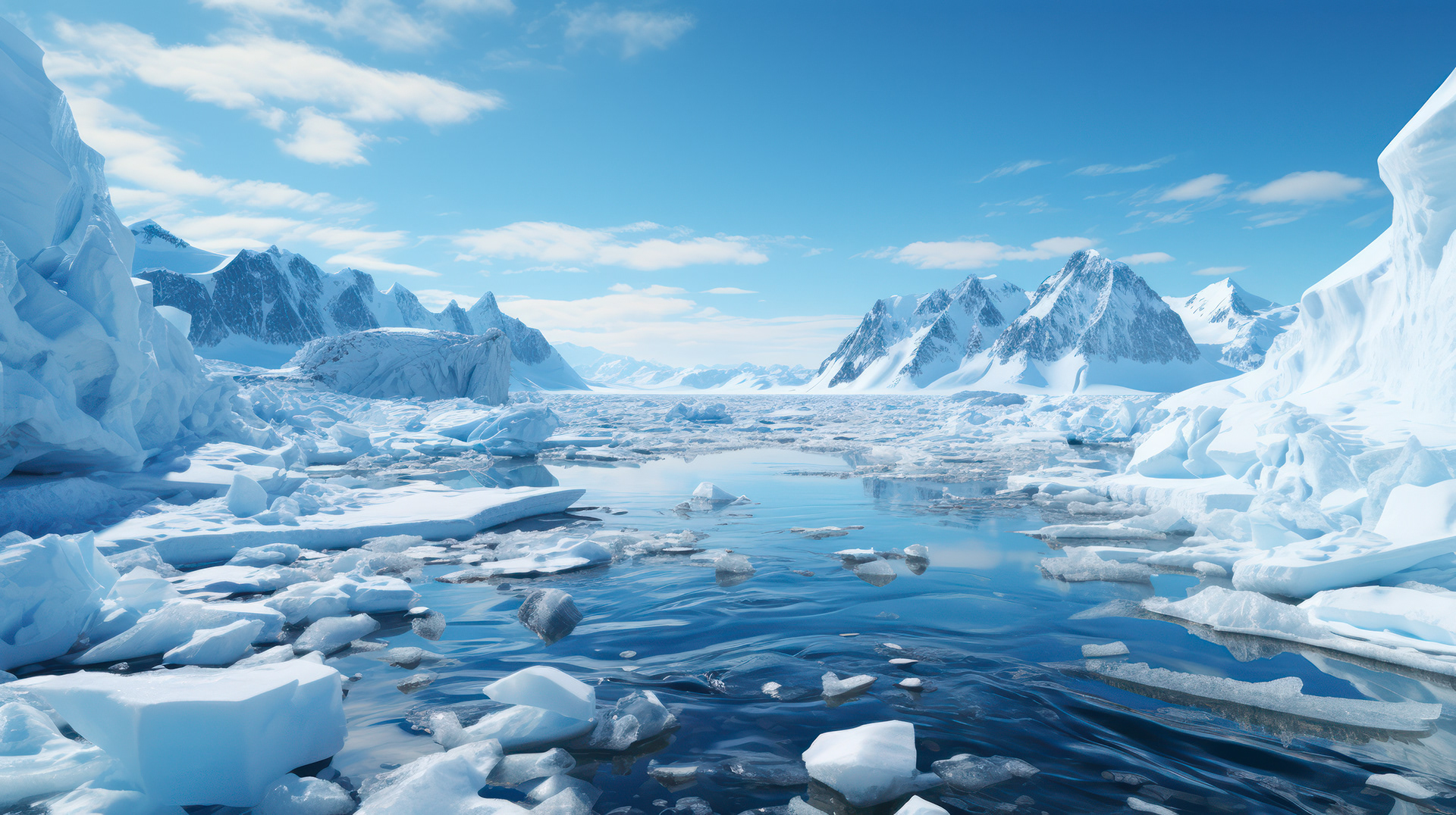 The pristine beauty of an Antarctic bay, surrounded by snow-capped peaks, reflecting the morning sun on its waters.