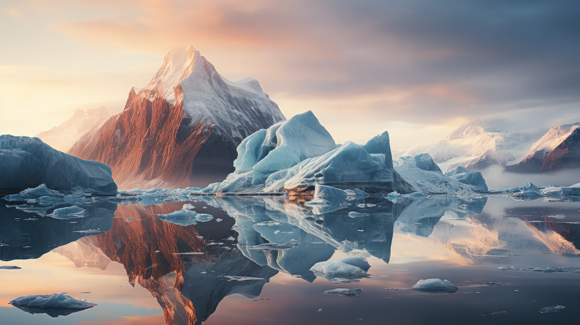 Une vue sereine d'une baie de l'Antarctique, avec des montagnes imposantes qui montent la garde de part et d'autre.