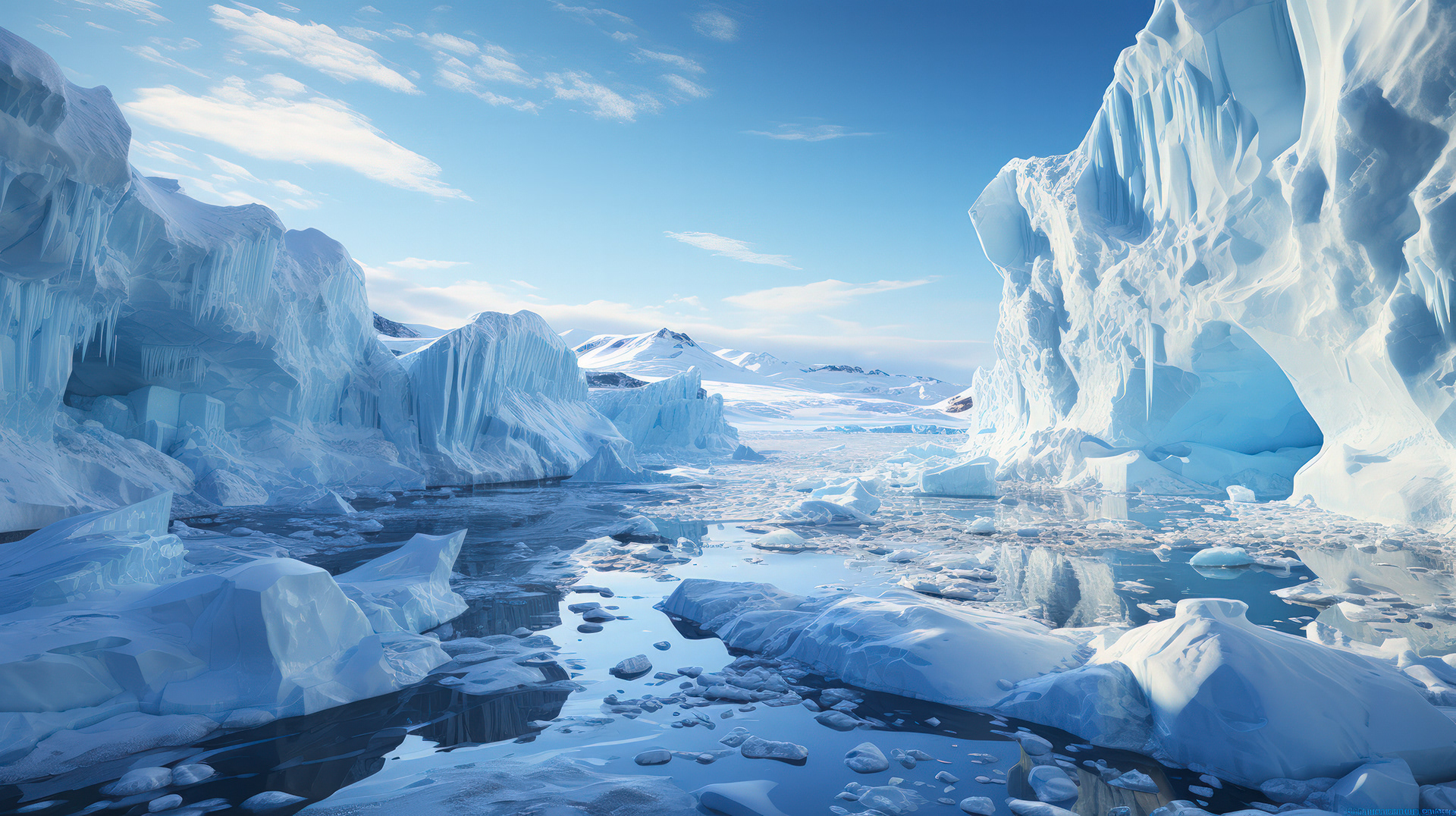 Crystal-clear waters revealing the submerged part of an iceberg, under the bright Antarctic sun.