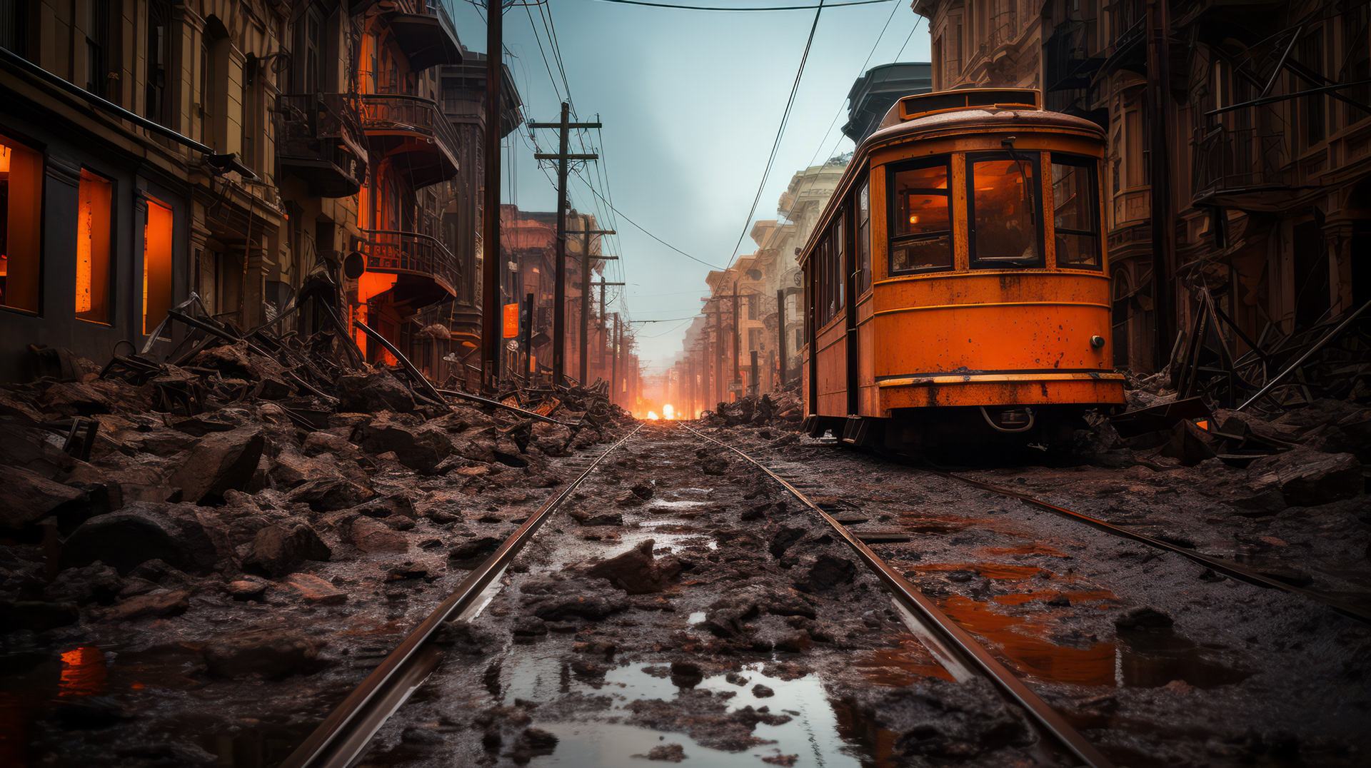 Lava consuming trams, with plumes of smoke rising