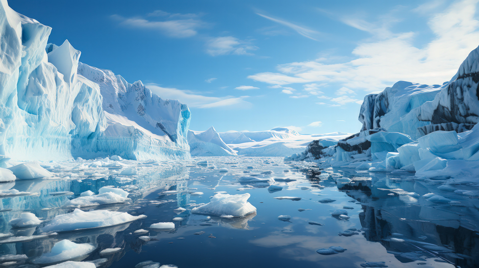 The pristine beauty of an Antarctic bay, surrounded by snow-capped peaks, reflecting the morning sun on its waters.