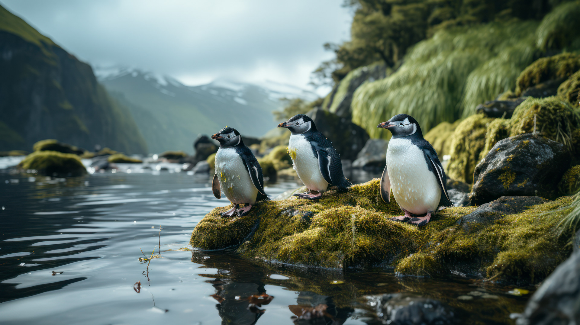 A group of Adélie penguins playfully sliding down a snowy slope, their black and white plumage contrasting with the pristine snow.