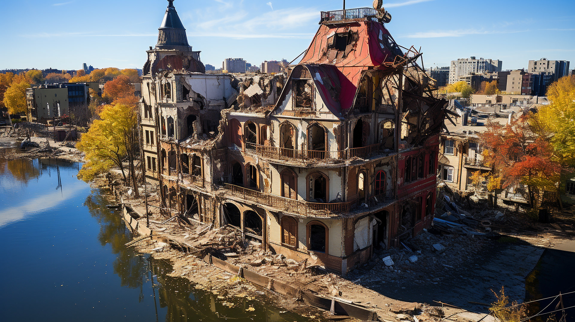 An aerial view of the silent streets of Paris after the earthquake, a haunting vision of a once vibrant city