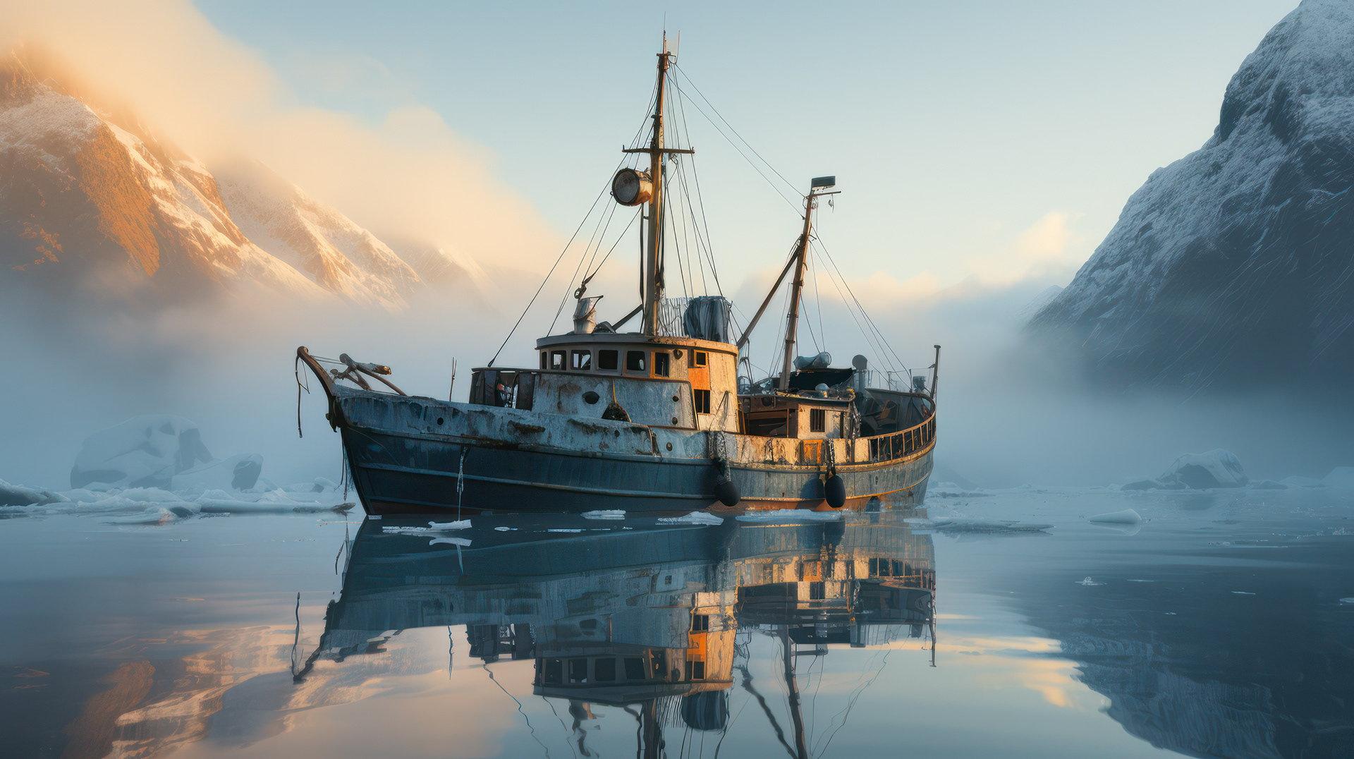 Un barco pesquero abandonado, encerrado en el hielo, refleja los esfuerzos pasados de los exploradores antárticos.