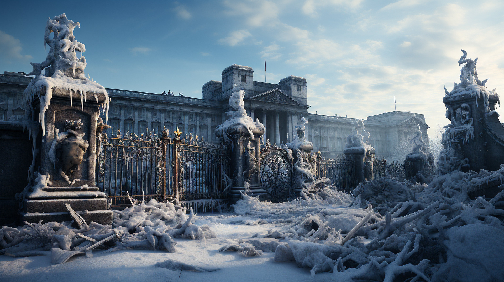Le palais de Buckingham et l'Union Jack, debout au milieu de la dévastation