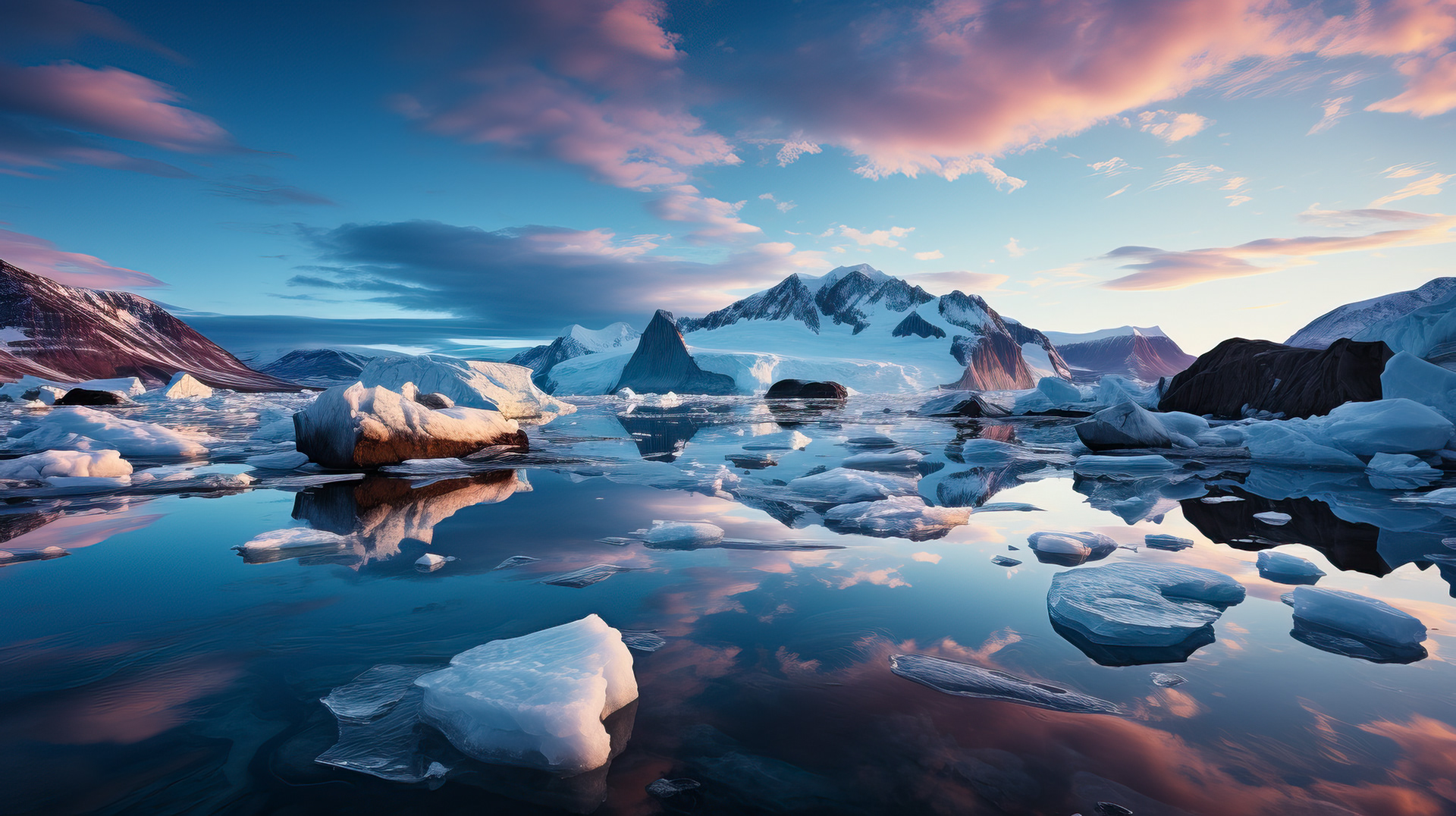 The silhouette of distant mountains against a fiery Antarctic sunrise, reflected on the calm sea.