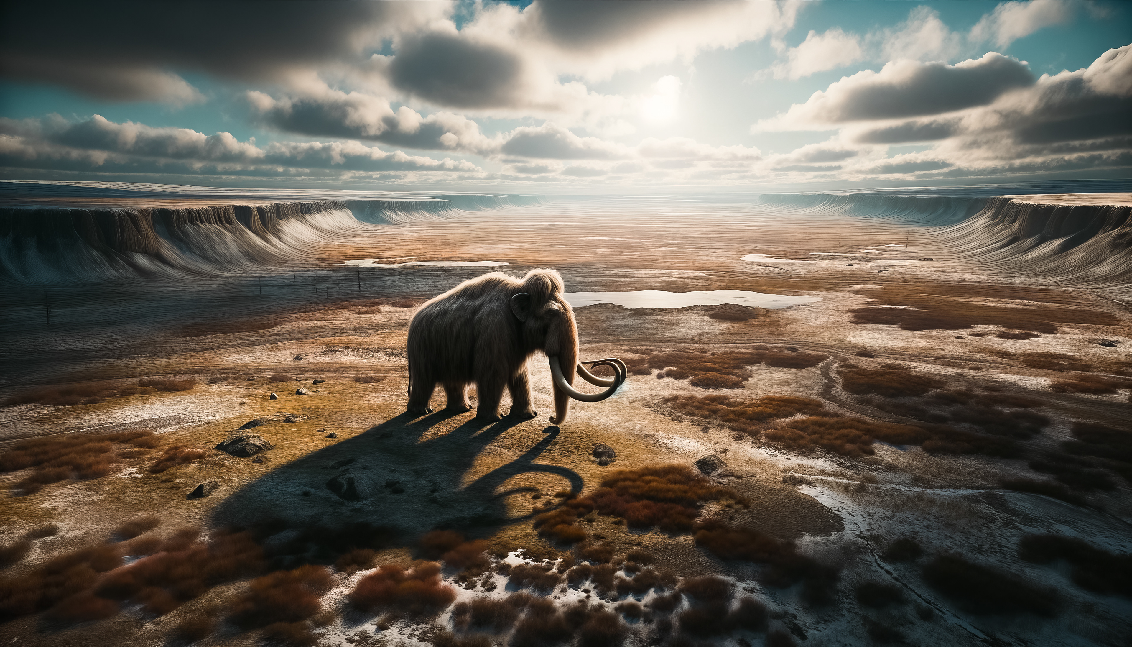 Early humans, armed with primitive weapons, strategizing and preparing for a mammoth hunt amidst a rugged, prehistoric landscape.