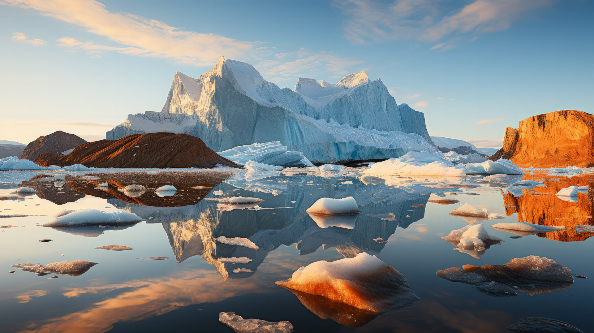 The first rays of dawn illuminating the Antarctic coastline, with shimmering reflections on the water.