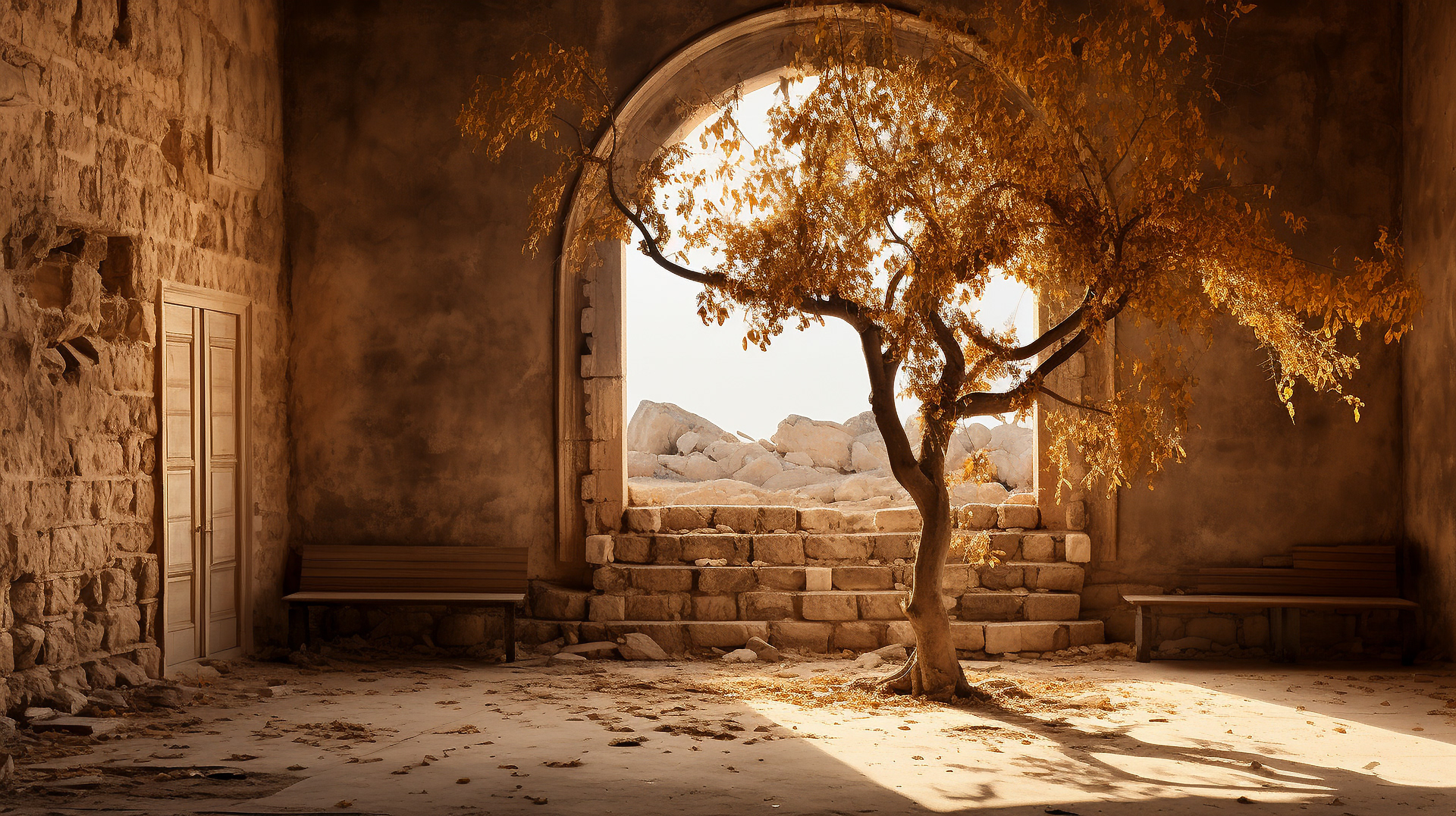 The Tower of David, a historic fortress, stands as a silent sentinel, its battlements and towers half-buried in sand. The surrounding streets, once filled with the sounds of merchants and pilgrims, are now silent corridors of sand and stone. Desert flora, hardy and sparse, sprouts from cracks and crevices, reclaiming the city.