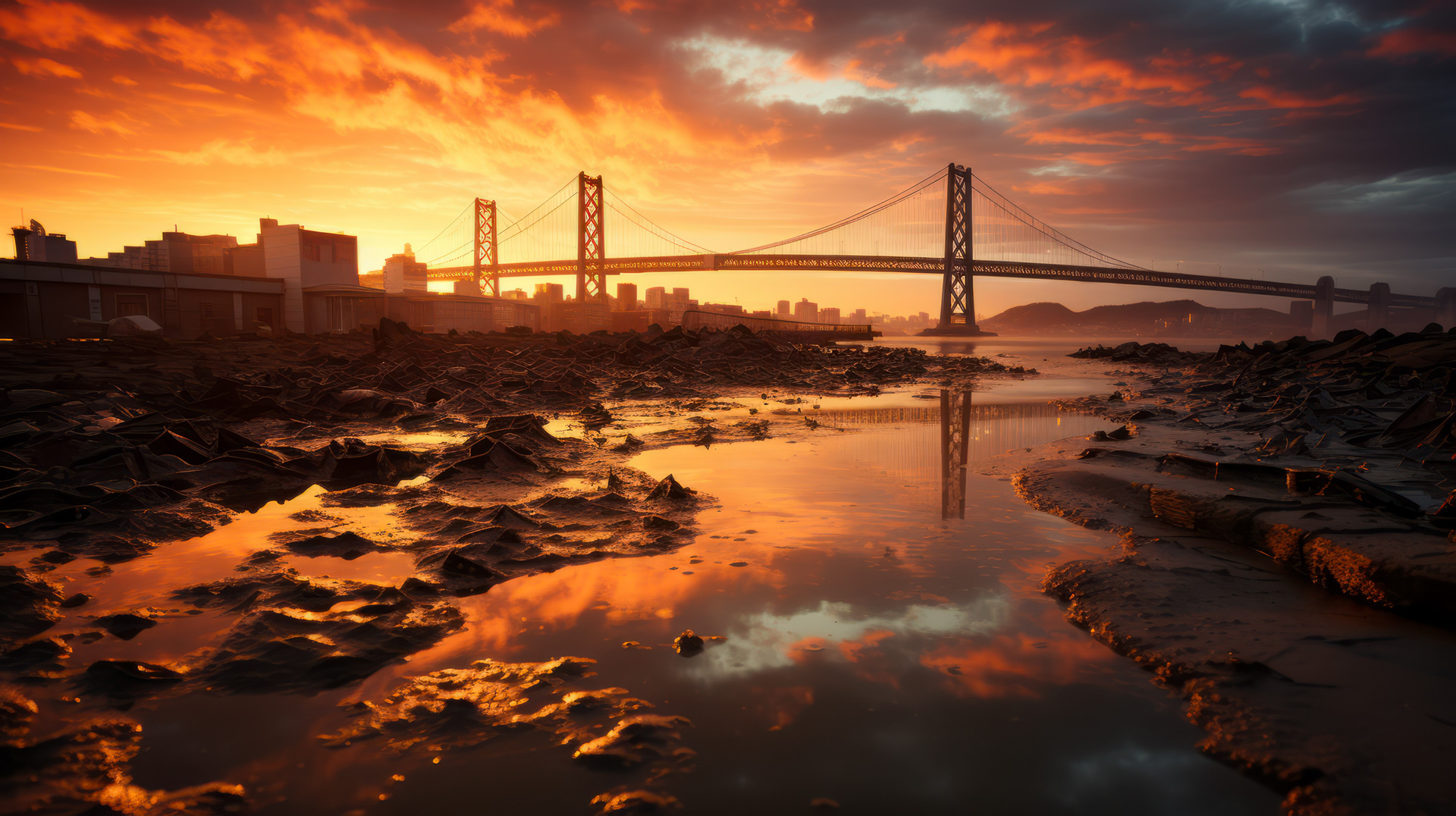 Golden Gate Bridge's silhouette fading against a fiery backdrop