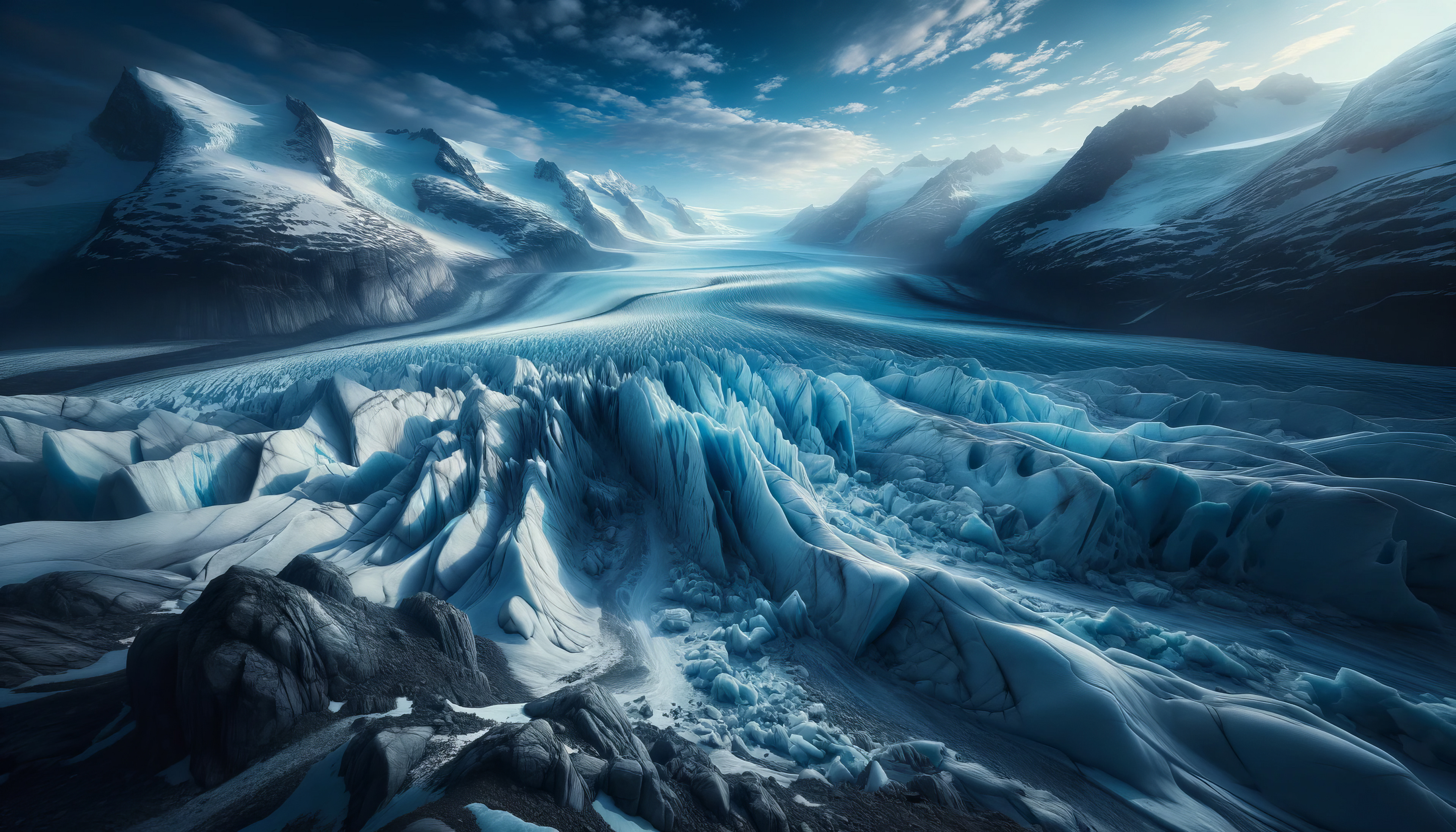 Vue majestueuse d'un vaste glacier, avec ses formations de glace complexes et ses profondes crevasses, avec en toile de fond d'imposantes montagnes enneigées.