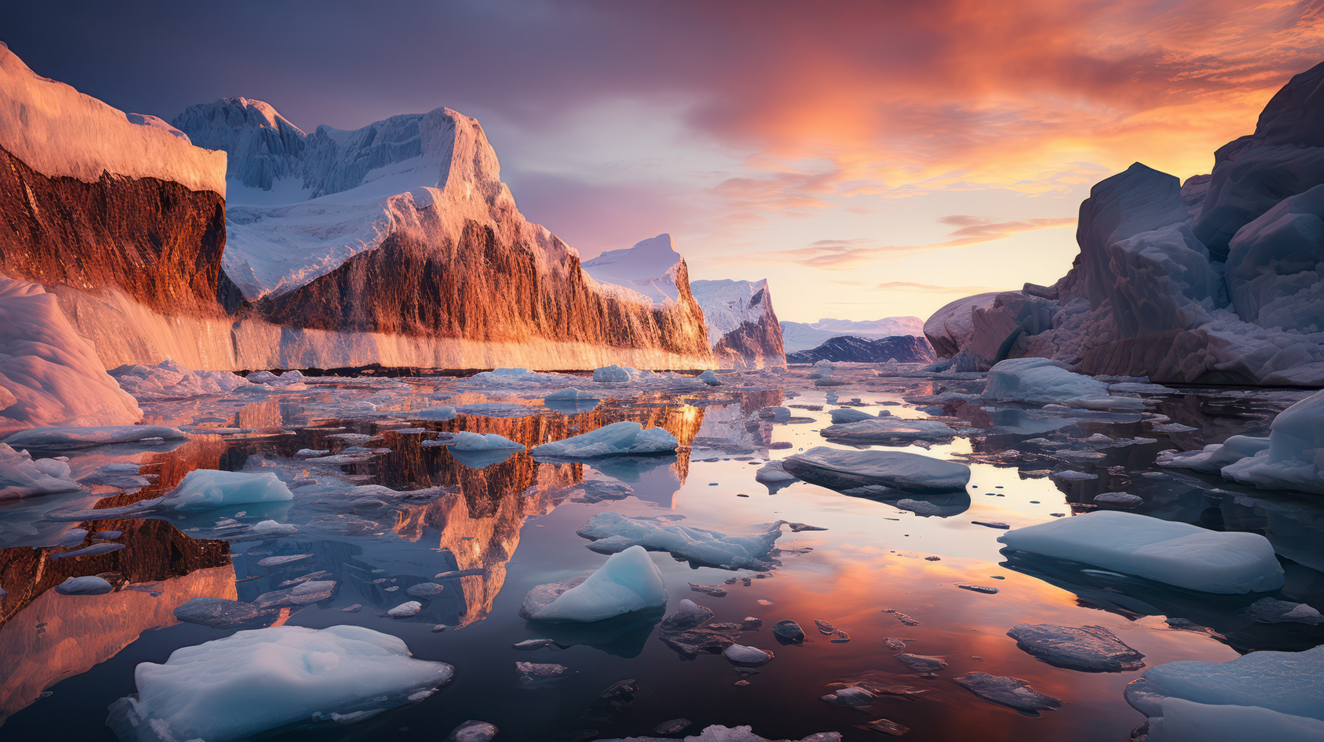 Una vista de pájaro de las llanuras antárticas, donde manchas de tierra anaranjada crean un mosaico con la nieve, todo ello bajo el resplandor rojizo de la mañana.