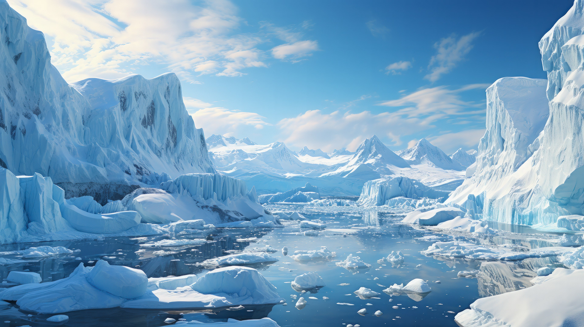Una serena mañana antártica, con suaves olas rompiendo contra las costas heladas.