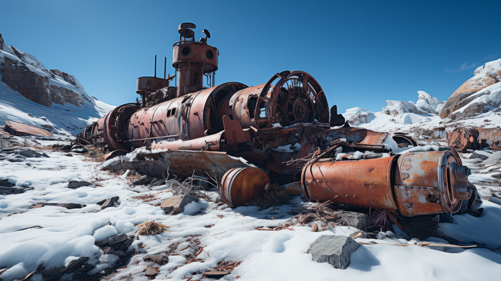 Un véhicule rouillé, à moitié enterré dans la neige, stationne devant une cabane abandonnée, laissant présager un départ précipité.