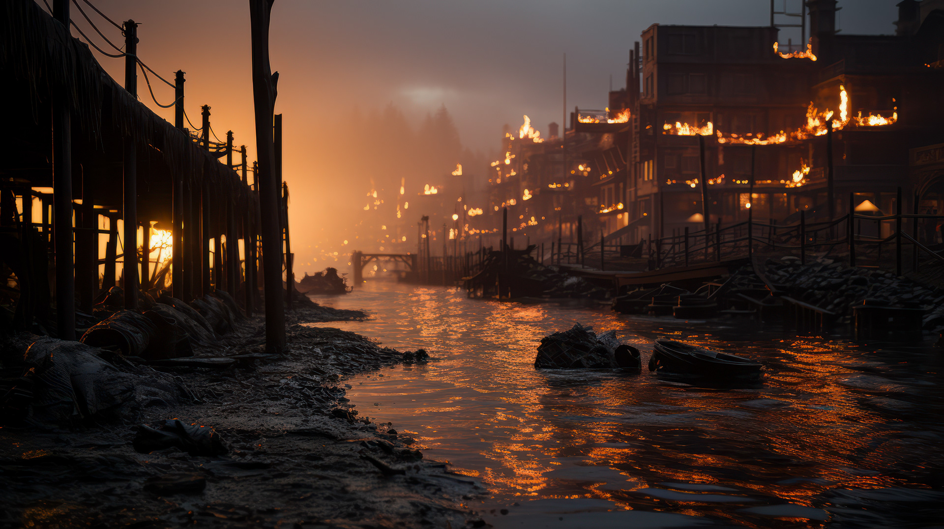 Flames dancing on wooden structures, casting eerie shadows