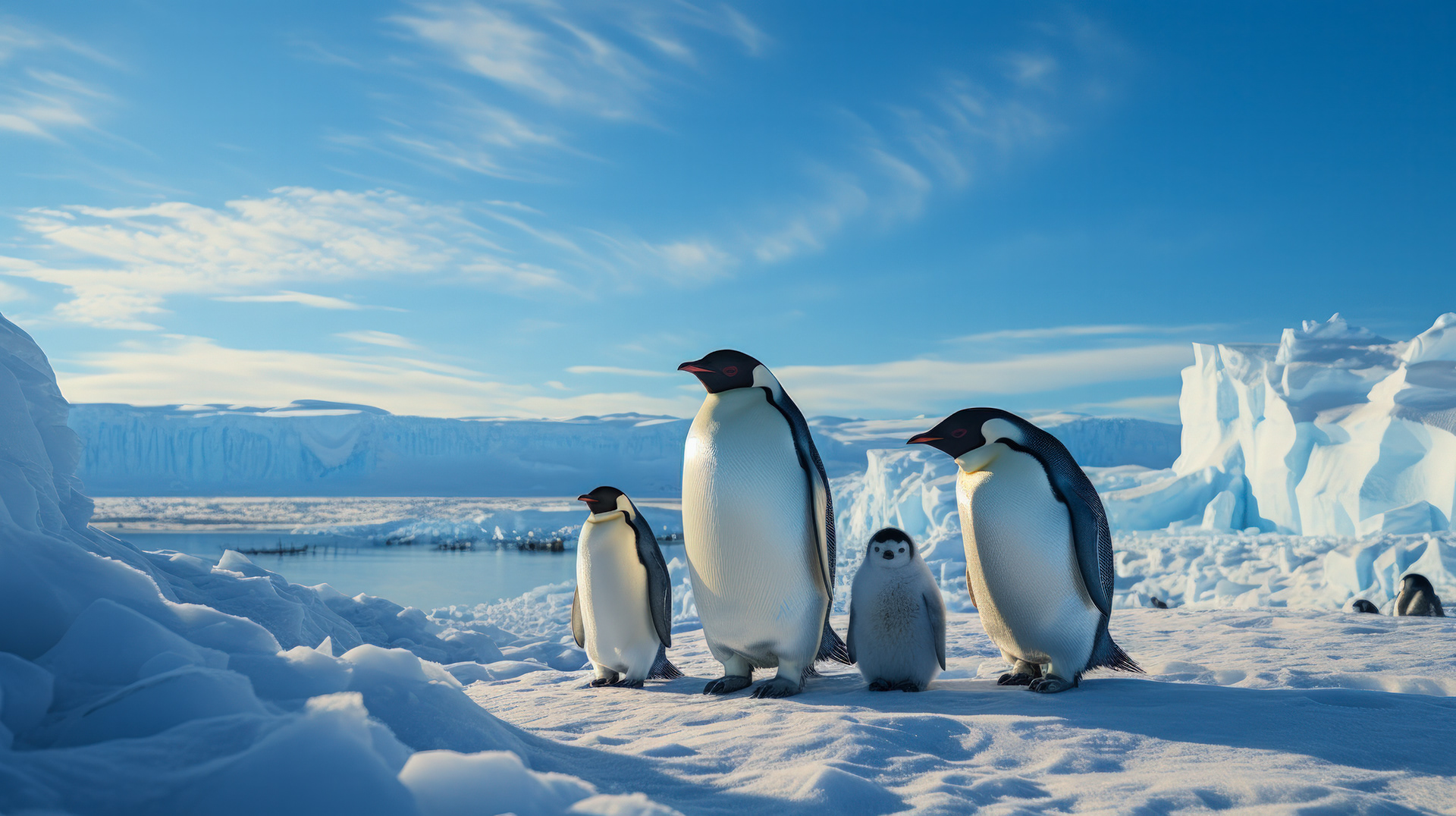 Une colonie de manchots empereurs se blottit les uns contre les autres, protégeant leurs petits des vents froids de l'Antarctique.