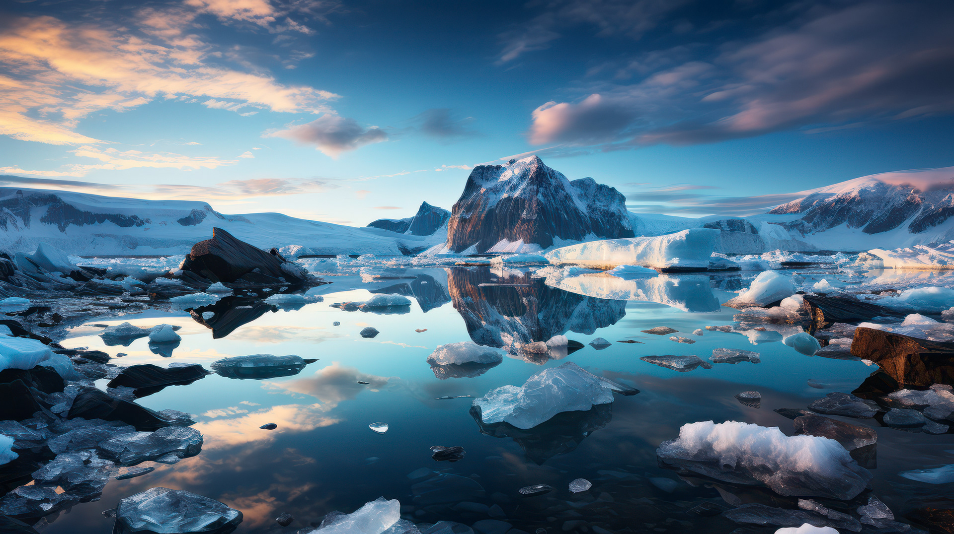 El hipnotizador reflejo del ardiente amanecer en las aguas costeras, con témpanos y glaciares brillando a la luz de la mañana.