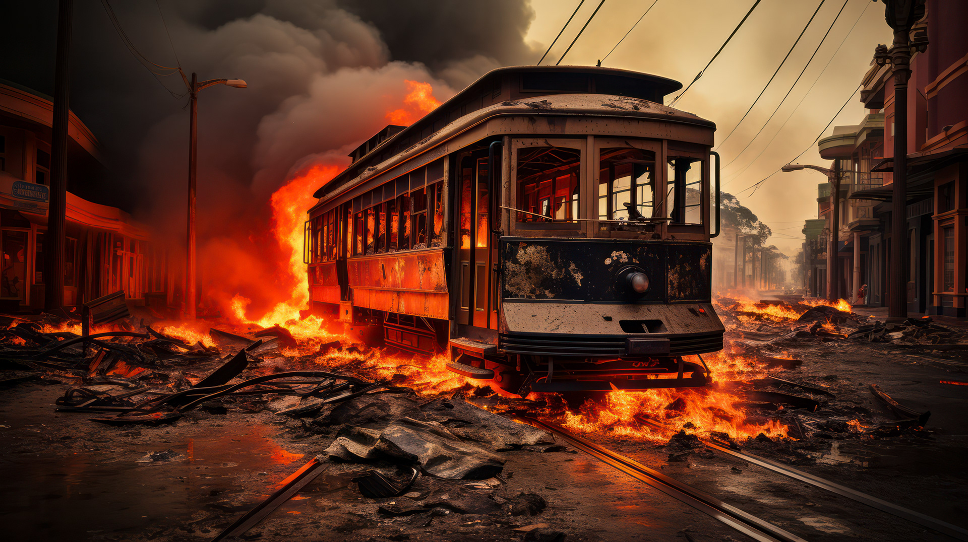 Lava consuming trams, with plumes of smoke rising