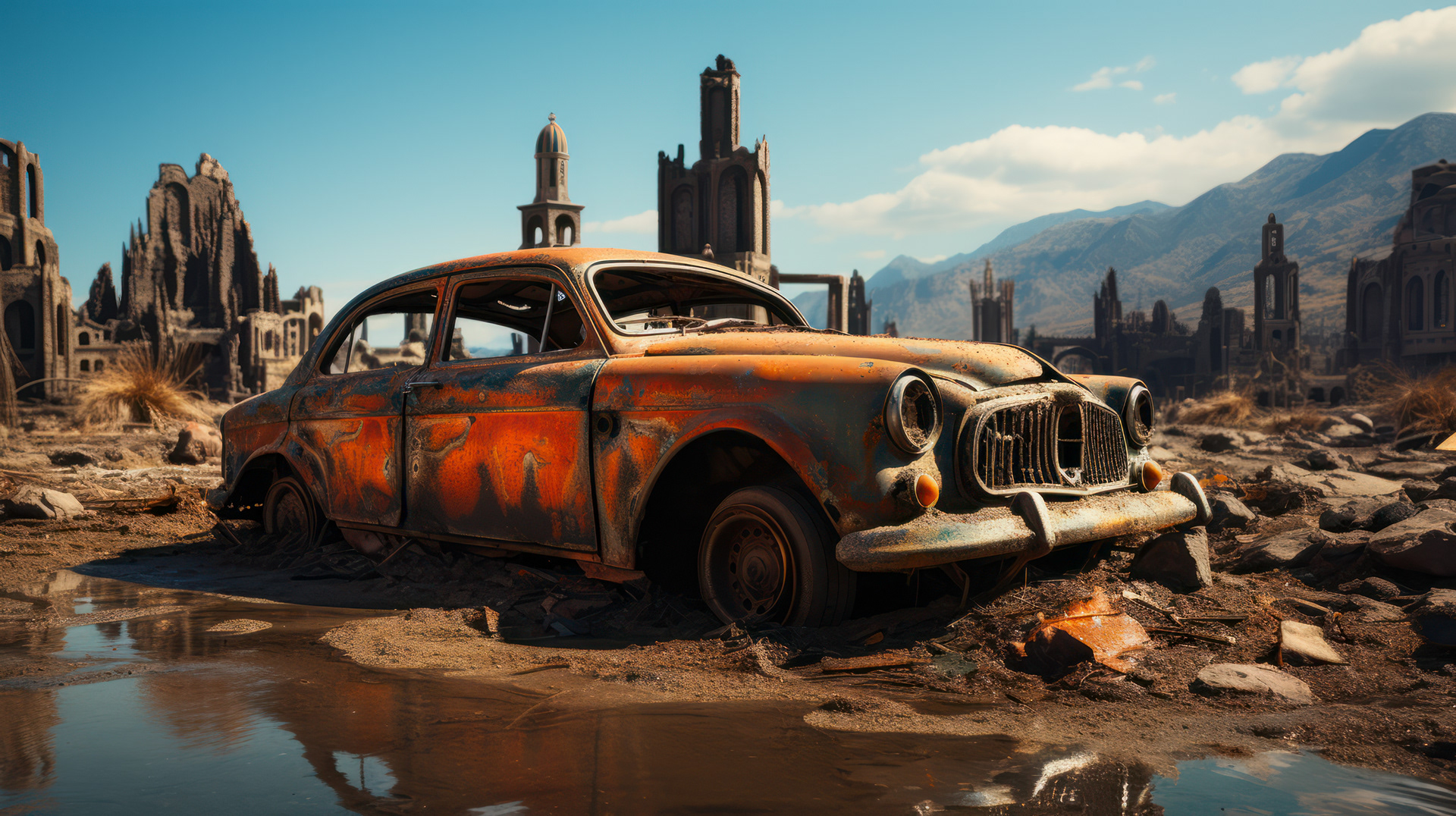 Restos carbonizados de edificios en pie como monumentos al amanecer.