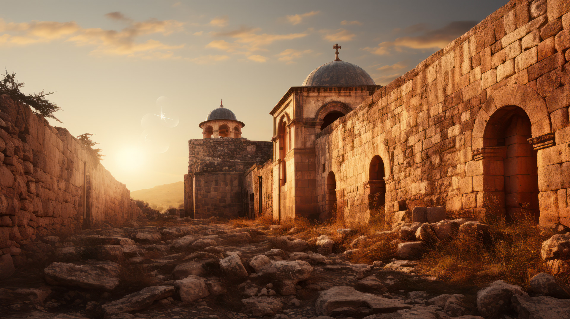 Moonlit panorama of Jerusalem, showcasing its ancient structures silhouetted against the starry night sky.