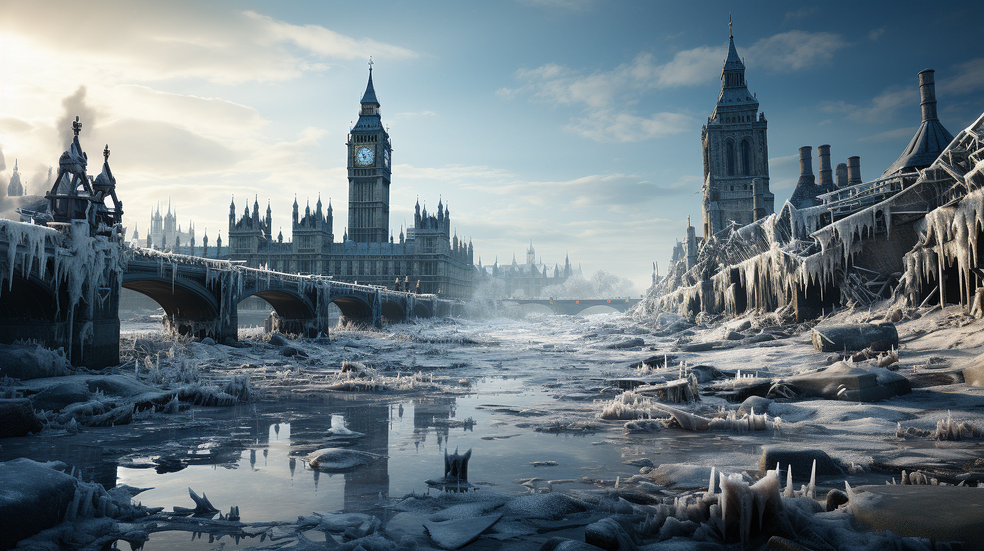 Icónico perfil de Londres con el Big Ben, el Tower Bridge y el Támesis.