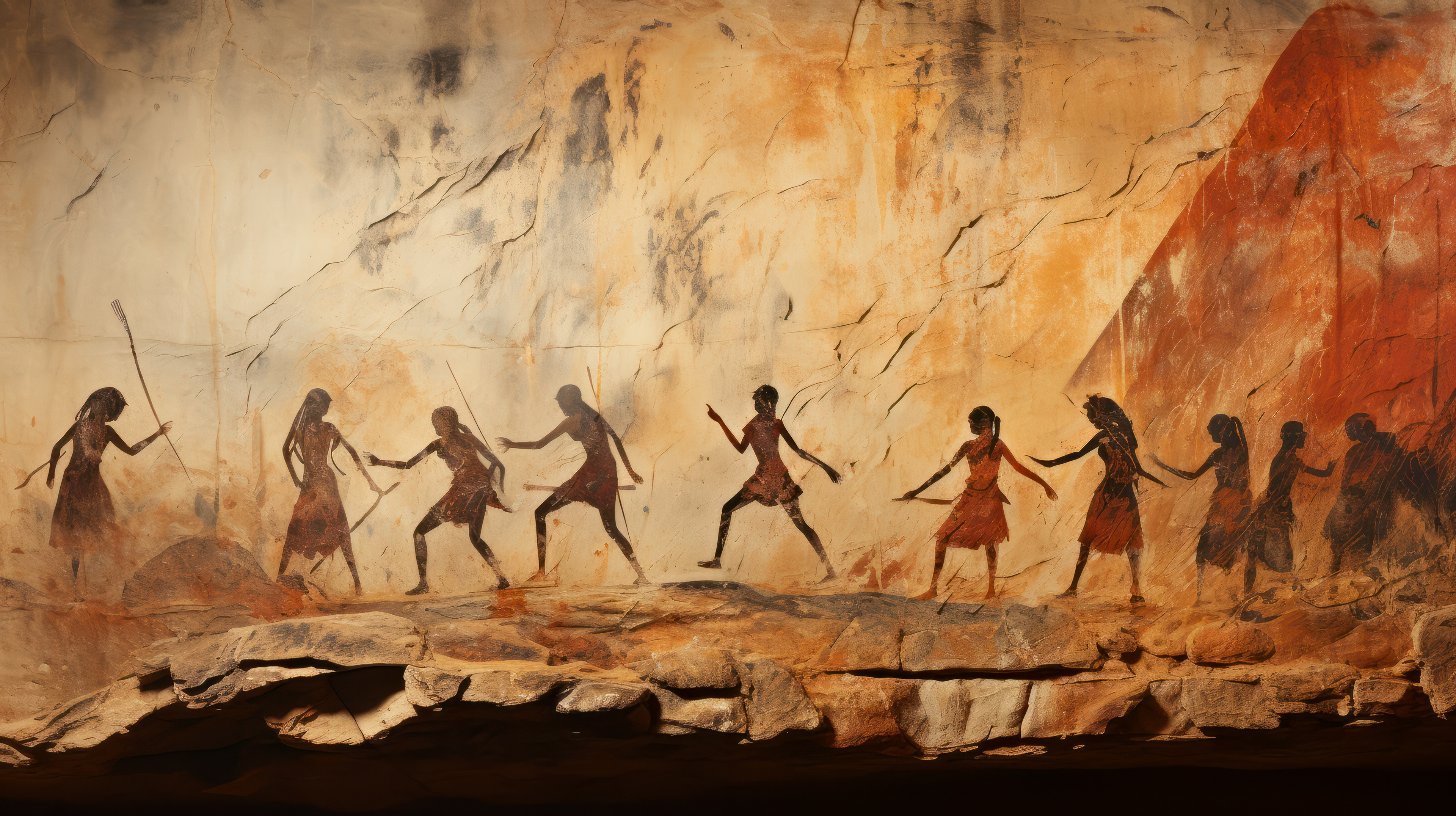 Pinturas rupestres antiguas, intrincadas y coloridas, que representan escenas de la vida humana primitiva, animales y motivos simbólicos, grabadas en la superficie rugosa de la pared de una cueva, ilustrando el rico patrimonio cultural y artístico de nuestros antepasados.