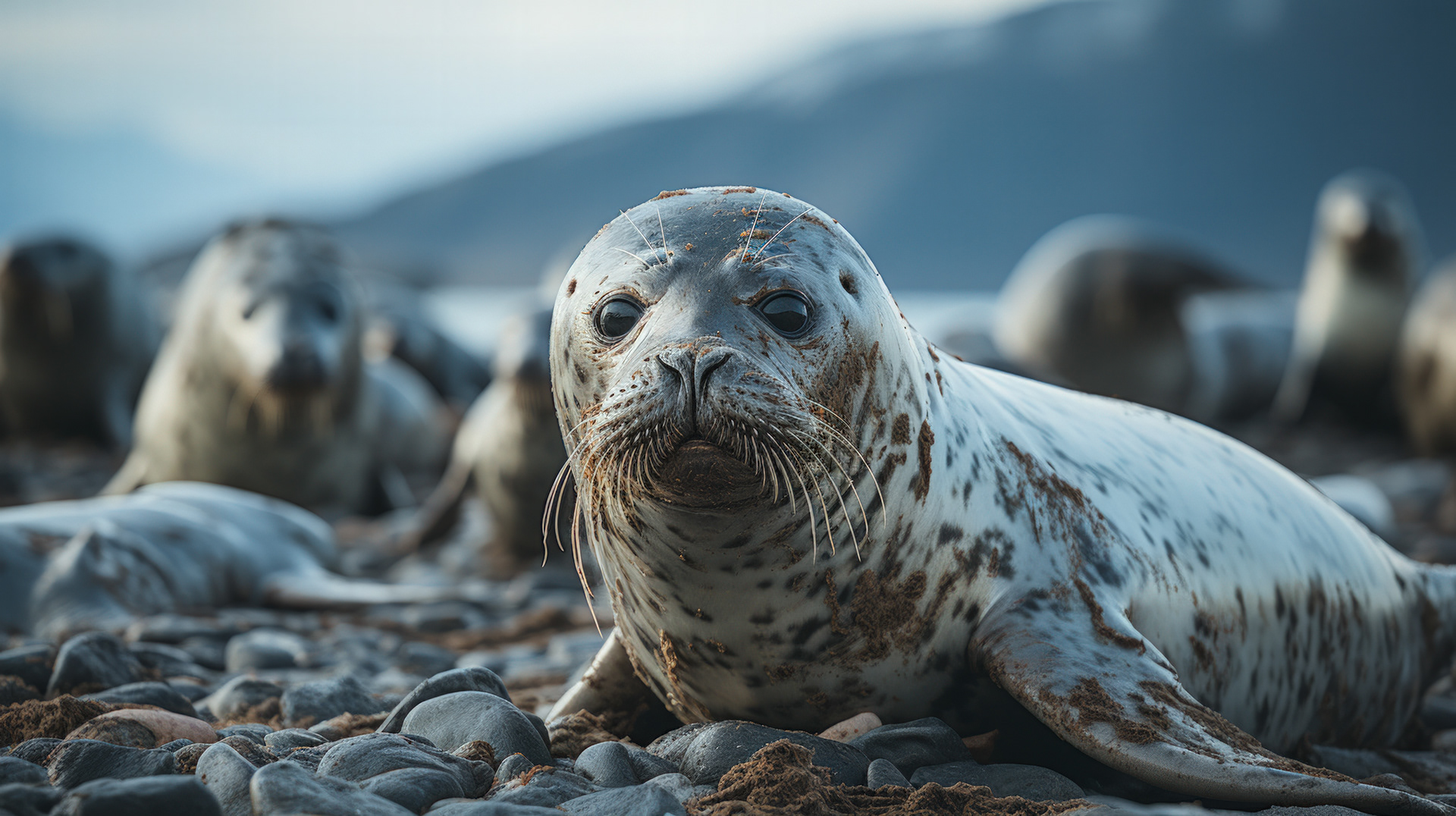 Un groupe d'otaries à fourrure se prélassant sur un affleurement rocheux, leur fourrure sombre se détachant sur le terrain glacé.