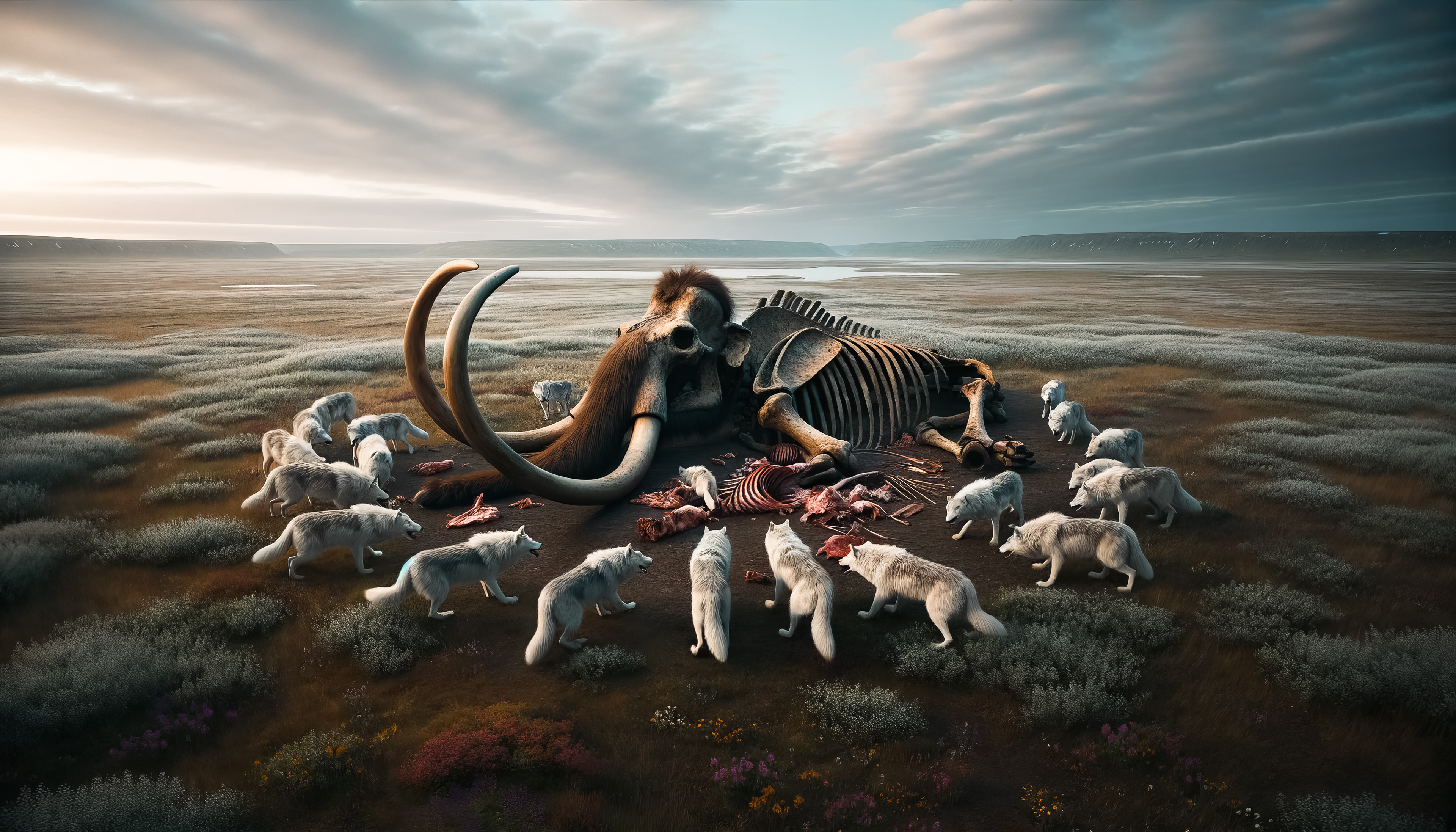 Los primeros humanos se reunieron en torno al mamut sometido, representando la conclusión exitosa de la caza con un sentido de logro comunal y supervivencia.