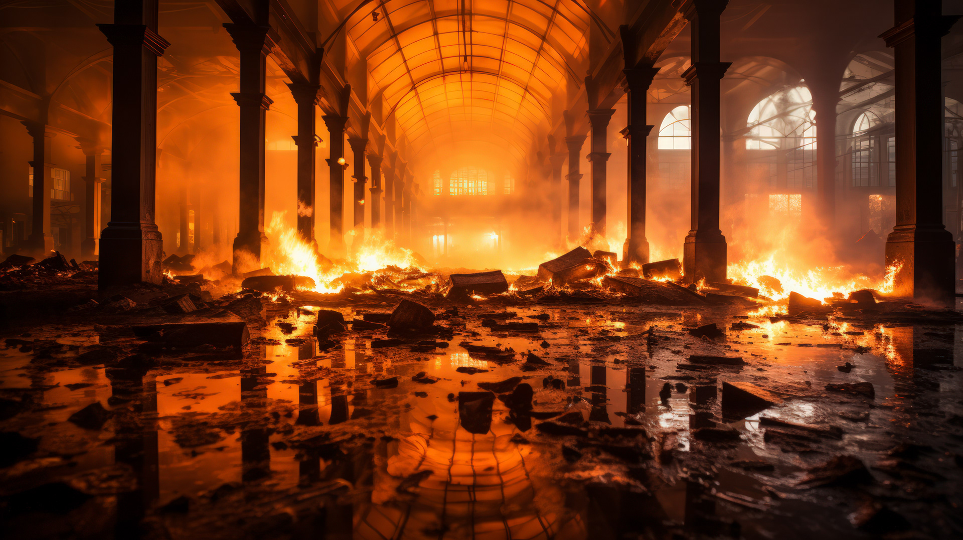 Flames dancing on wooden structures, casting eerie shadows