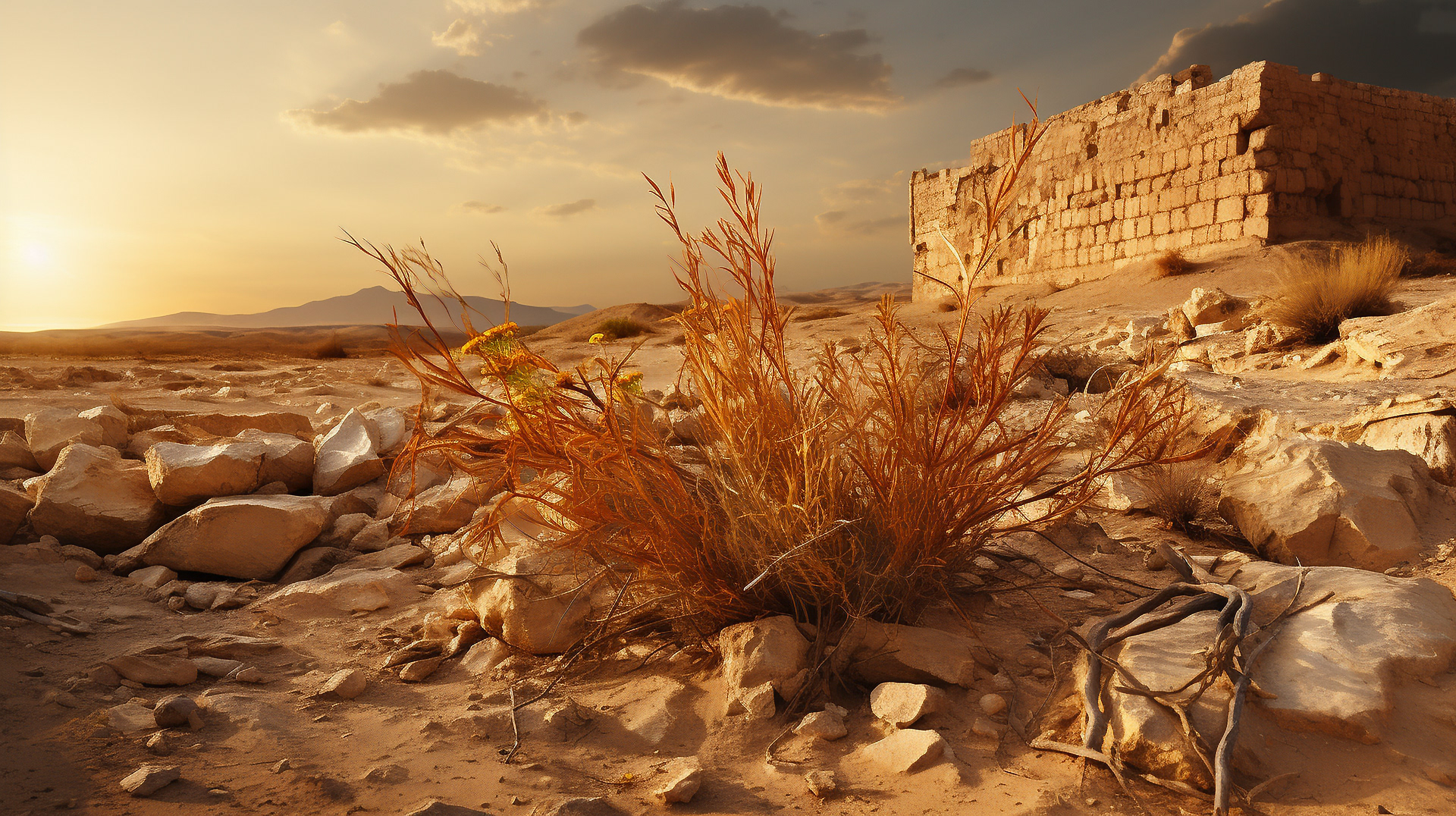 Las antiguas murallas de Jerusalén, antaño llenas de vida, ahora permanecen silenciosas y parcialmente enterradas bajo dunas de arena movedizas. La vegetación del desierto, resistente y espinosa, ha empezado a arrastrarse sobre las piedras históricas.