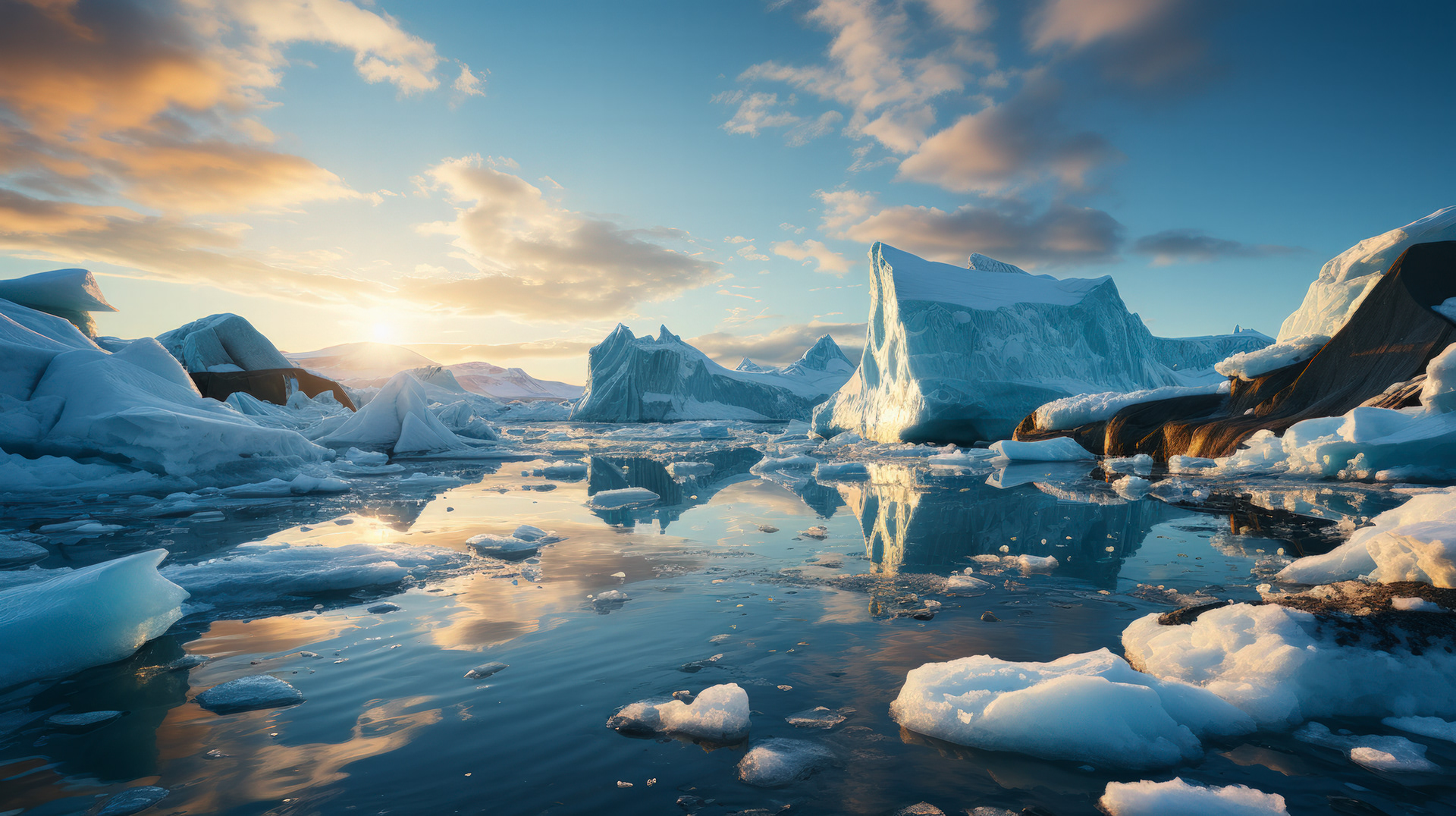 La silueta de imponentes icebergs cerca de la costa, iluminada por los suaves tonos rosados y anaranjados del amanecer antártico.