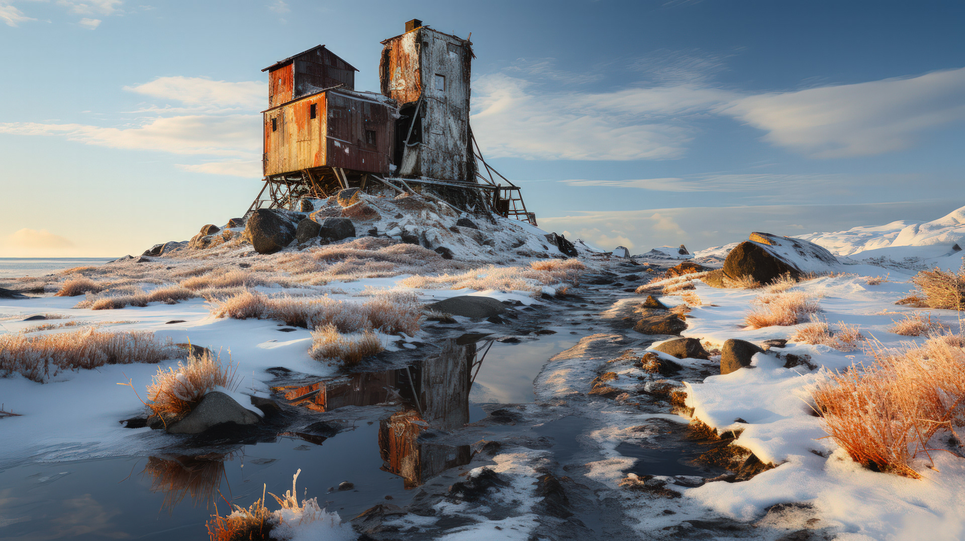 The eerie sight of an empty watchtower, overlooking the vast expanse of the Antarctic wilderness.