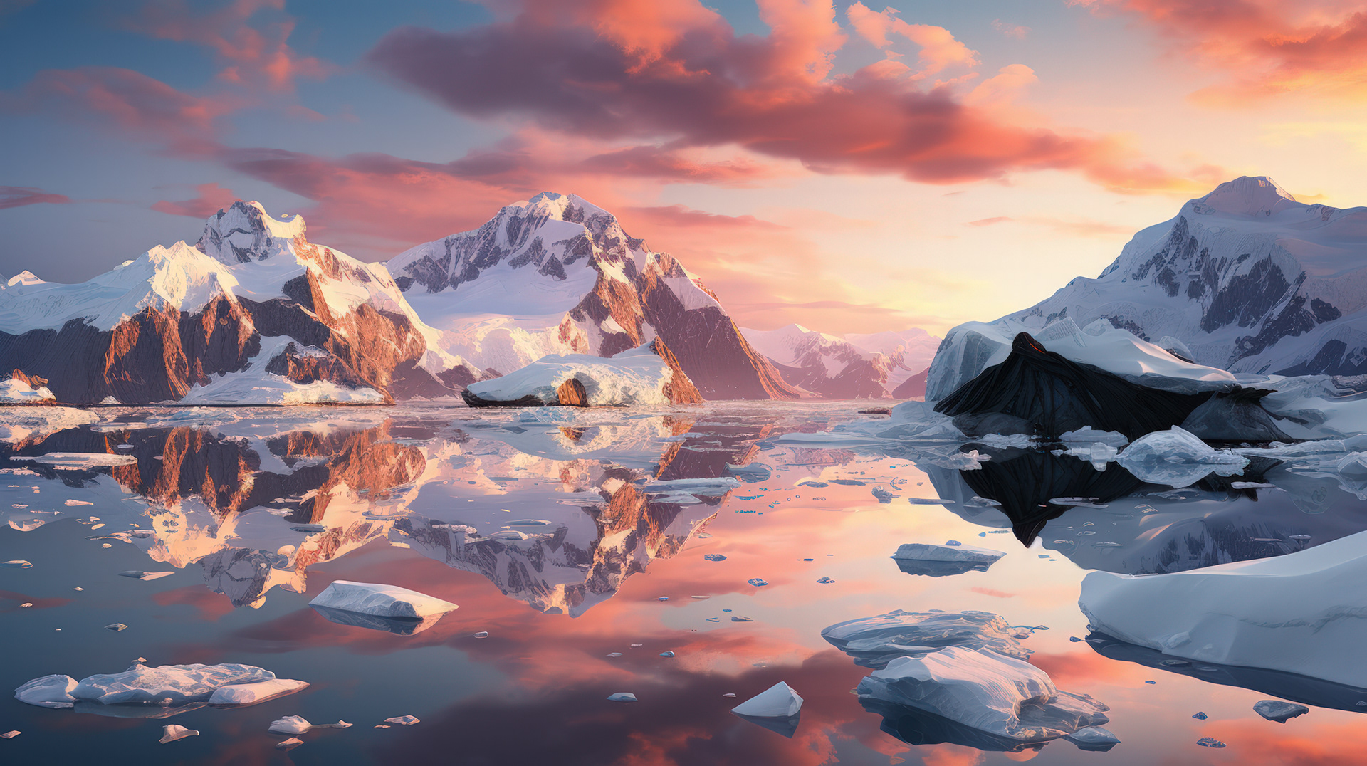 A close-up of intricate ice formations on the shoreline, glistening brilliantly in the reddish morning light, showcasing nature's artistry in Antarctica.