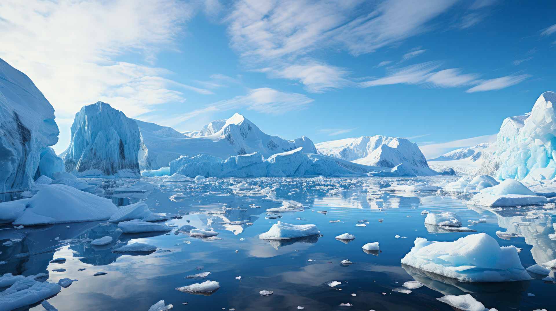 Una impresionante vista panorámica de Bahía Paraíso, con sus tranquilas aguas reflejando los imponentes glaciares antárticos.