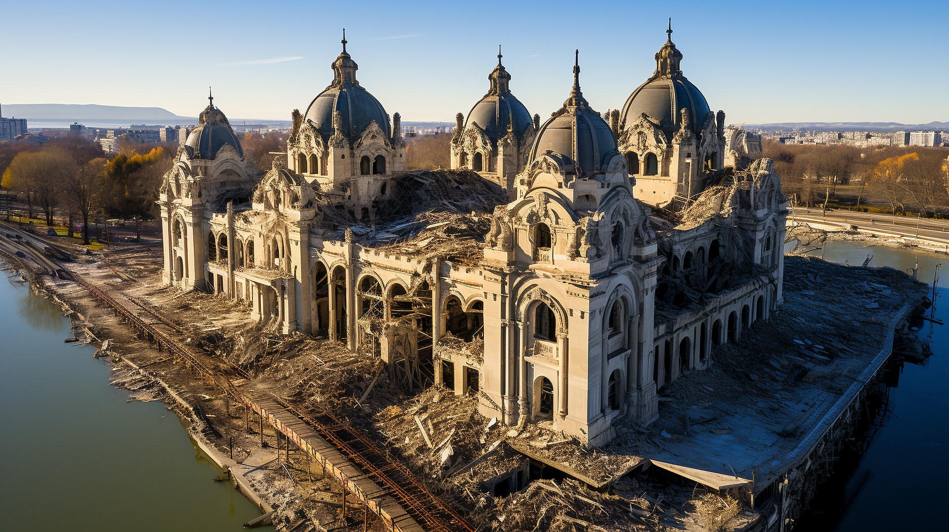 Drone shot of Paris's ruins, showcasing the contrast of destruction and resilience