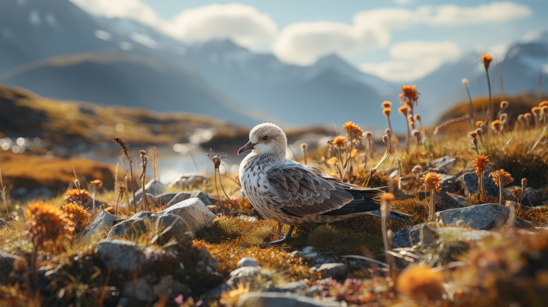 Un grupo de paíños de Wilson revolotea sobre un arroyo de agua de deshielo glaciar, con imponentes picos montañosos que proyectan sombras en la distancia.