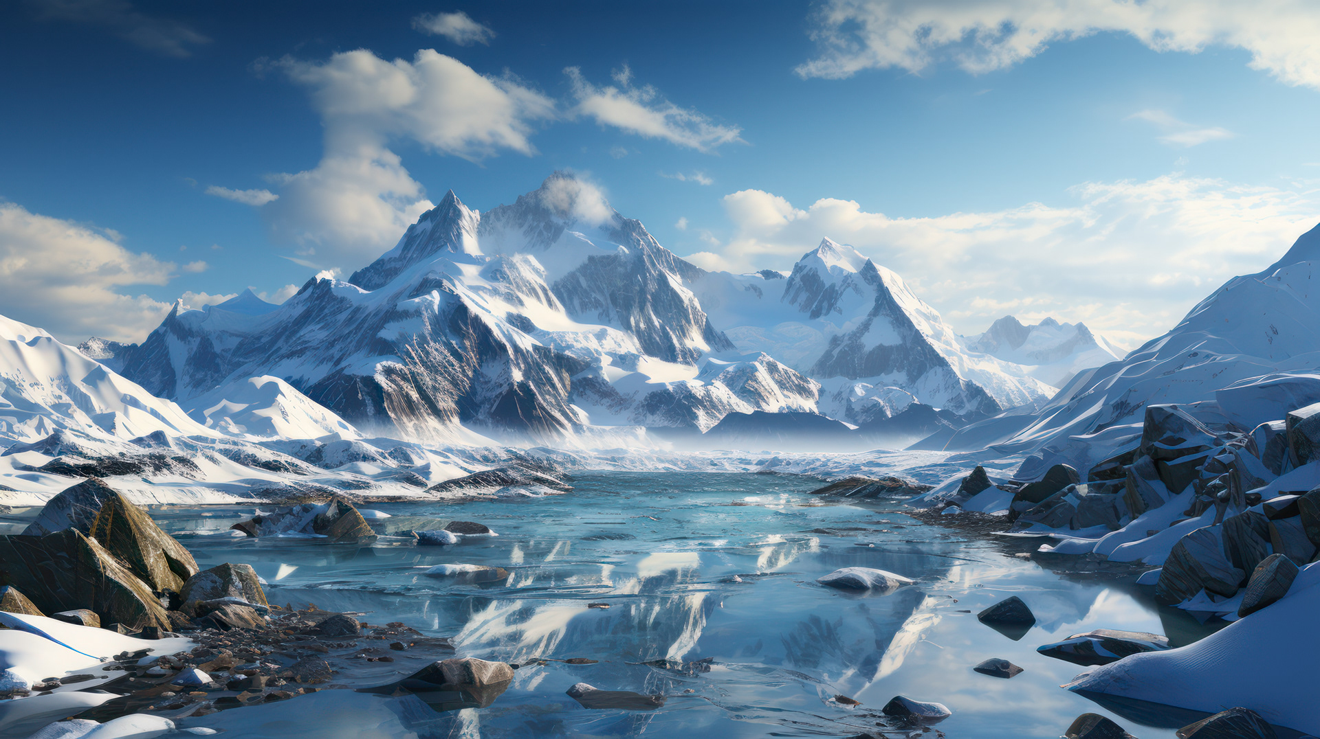 A panoramic view of the Antarctic coast, where ice meets the deep blue ocean, under a clear sky.