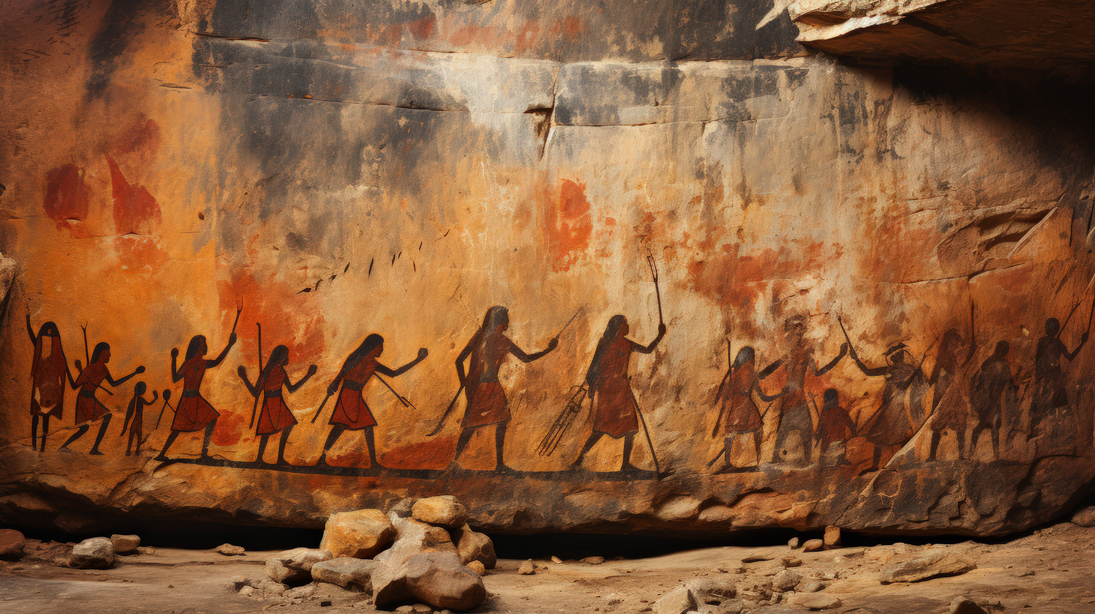 Pinturas rupestres antiguas, intrincadas y coloridas, que representan escenas de la vida humana primitiva, animales y motivos simbólicos, grabadas en la superficie rugosa de la pared de una cueva, ilustrando el rico patrimonio cultural y artístico de nuestros antepasados.