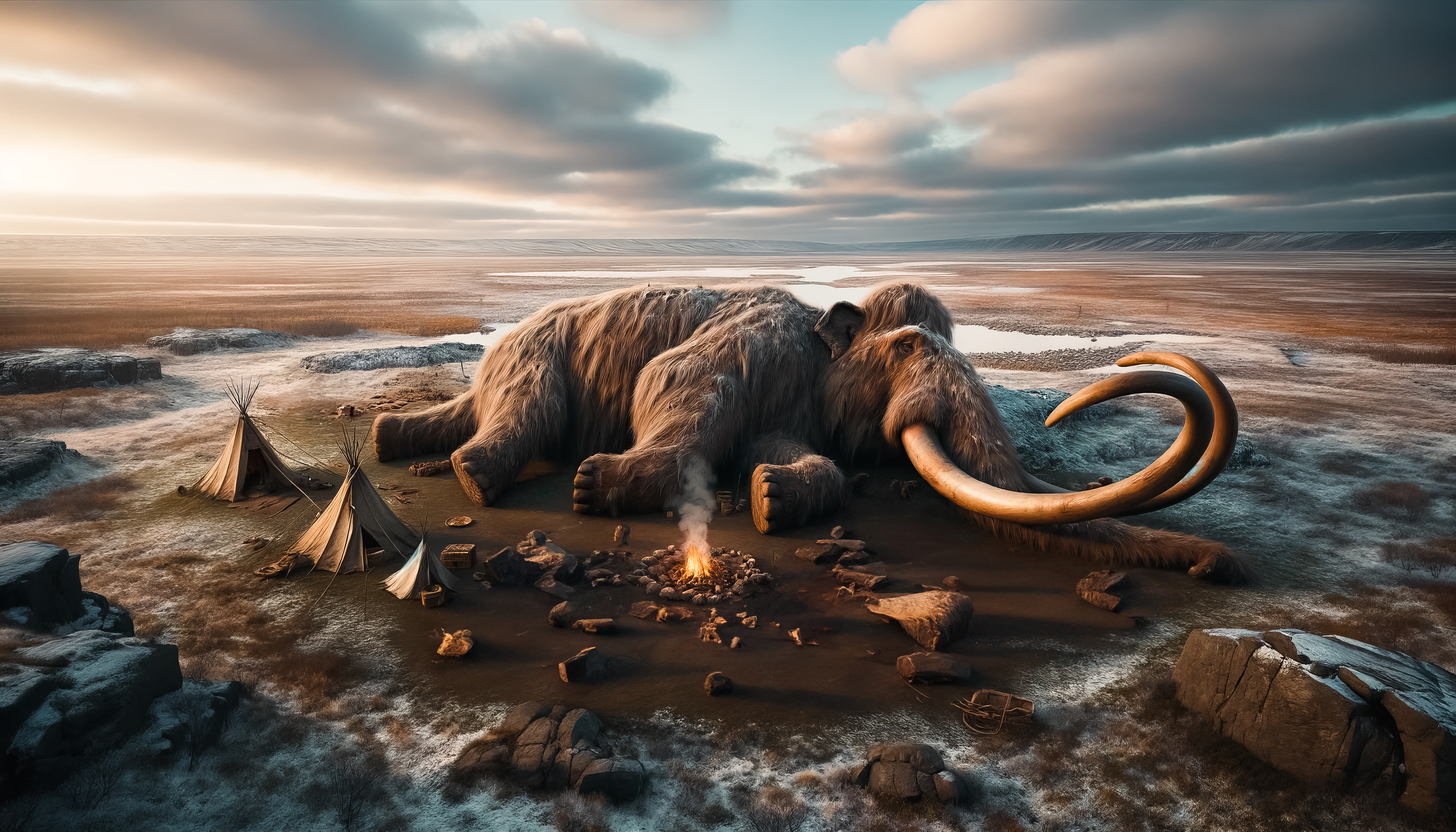 Momento dinámico y de suspense en el que los primeros humanos se acercan al mamut, captando la acción cumbre de la caza.