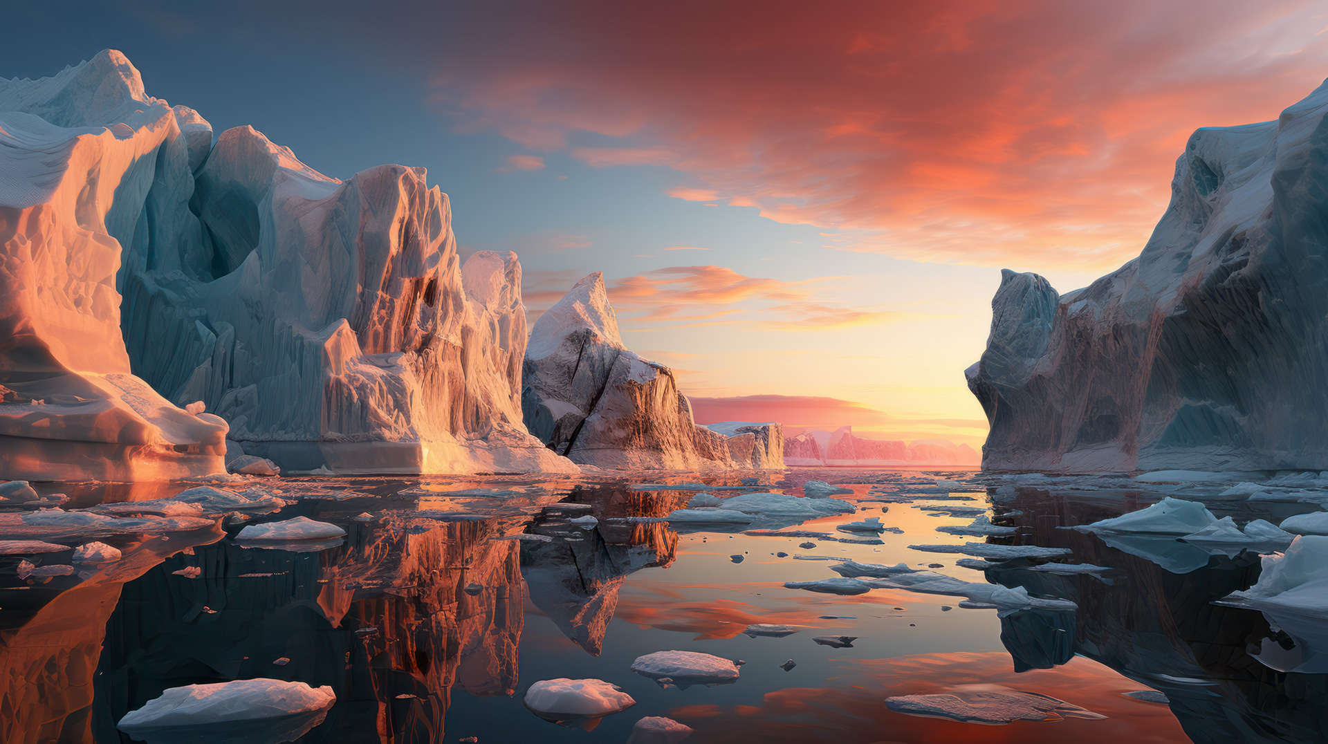 Les douces vagues de l'océan Antarctique, balayant des étendues de terre orange, sous la douce lumière rougeâtre de l'aube.
