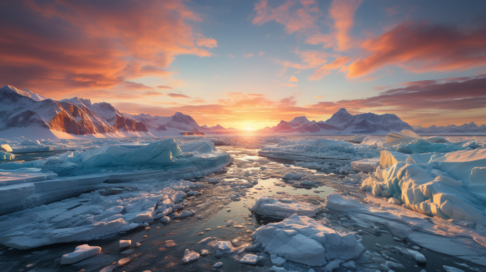 The gentle waves of the Antarctic ocean lapping against the snow-covered coast, under the warm glow of the rising sun.