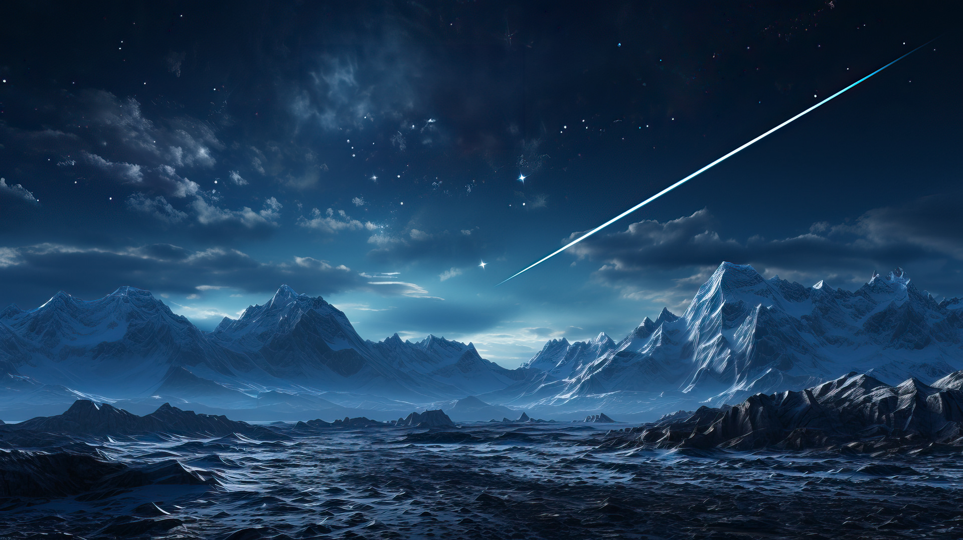 Una toma panorámica que capta el reflejo del cometa Halley en un tranquilo lago antártico, con su estela luminosa reflejada en la superficie del agua.