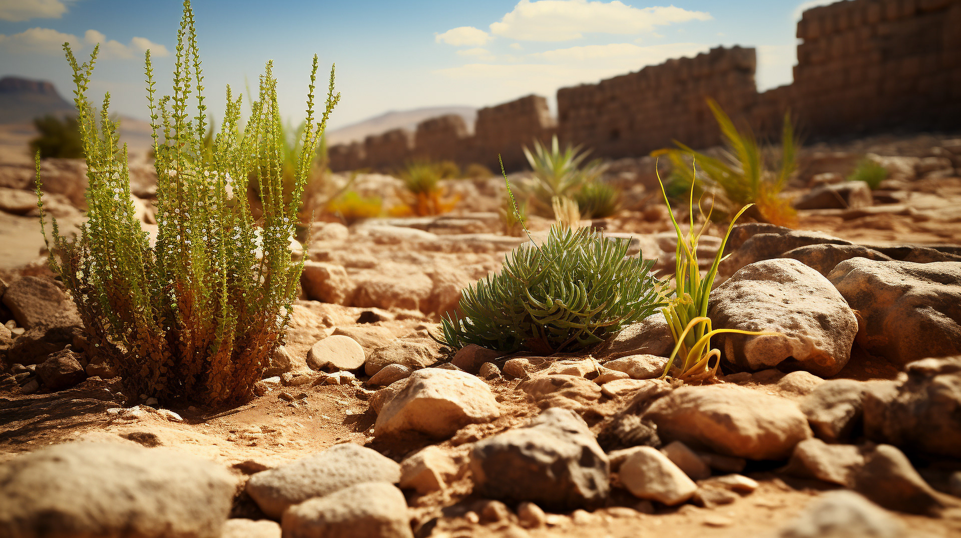 Las calles circundantes, antaño llenas de sonidos de mercaderes y peregrinos, son ahora silenciosos corredores de arena y piedra. La flora del desierto, resistente y escasa, brota de grietas y hendiduras, reclamando la ciudad.