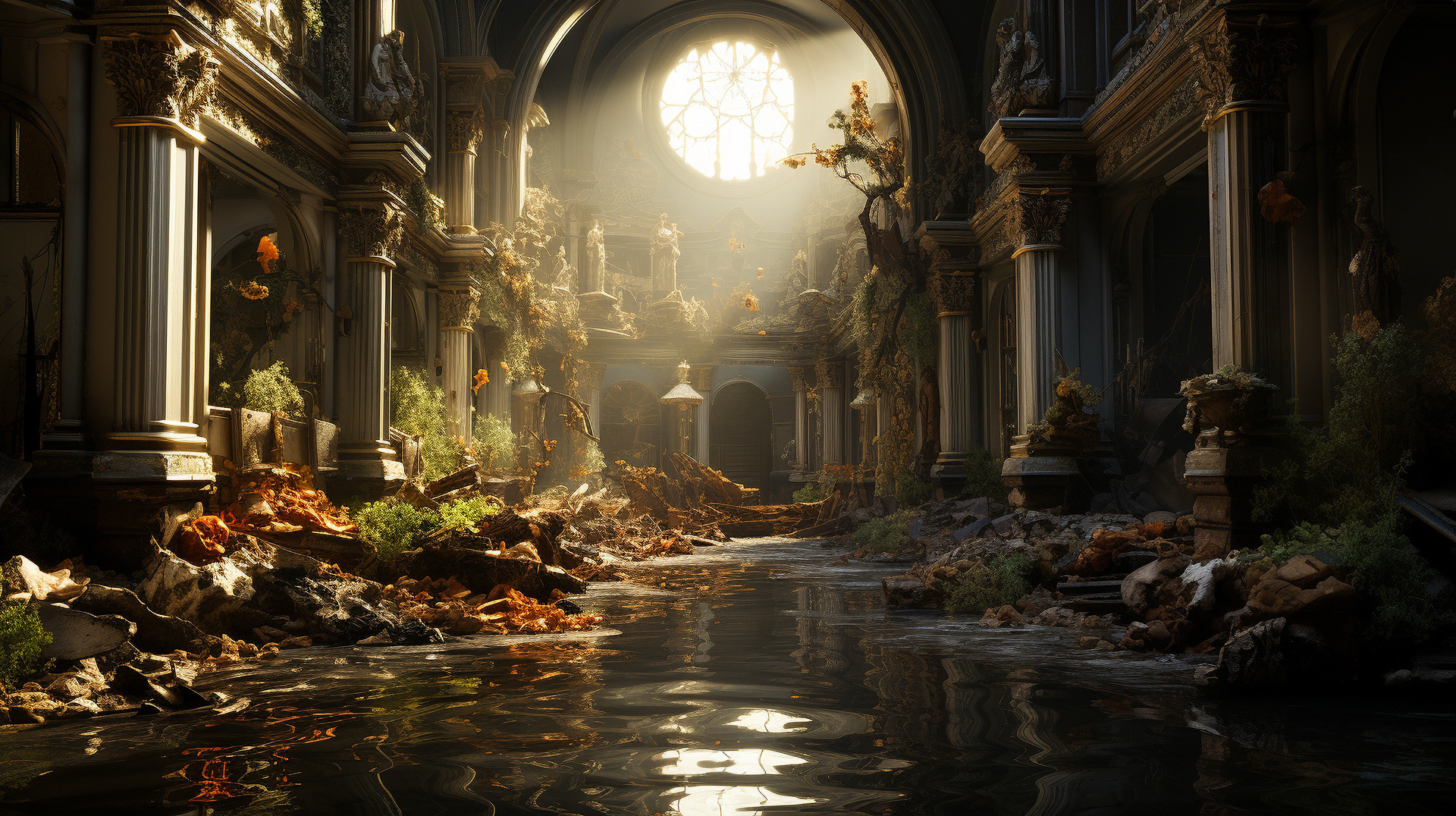 红花盛开在曾经繁荣过艺术和文化的建筑中。