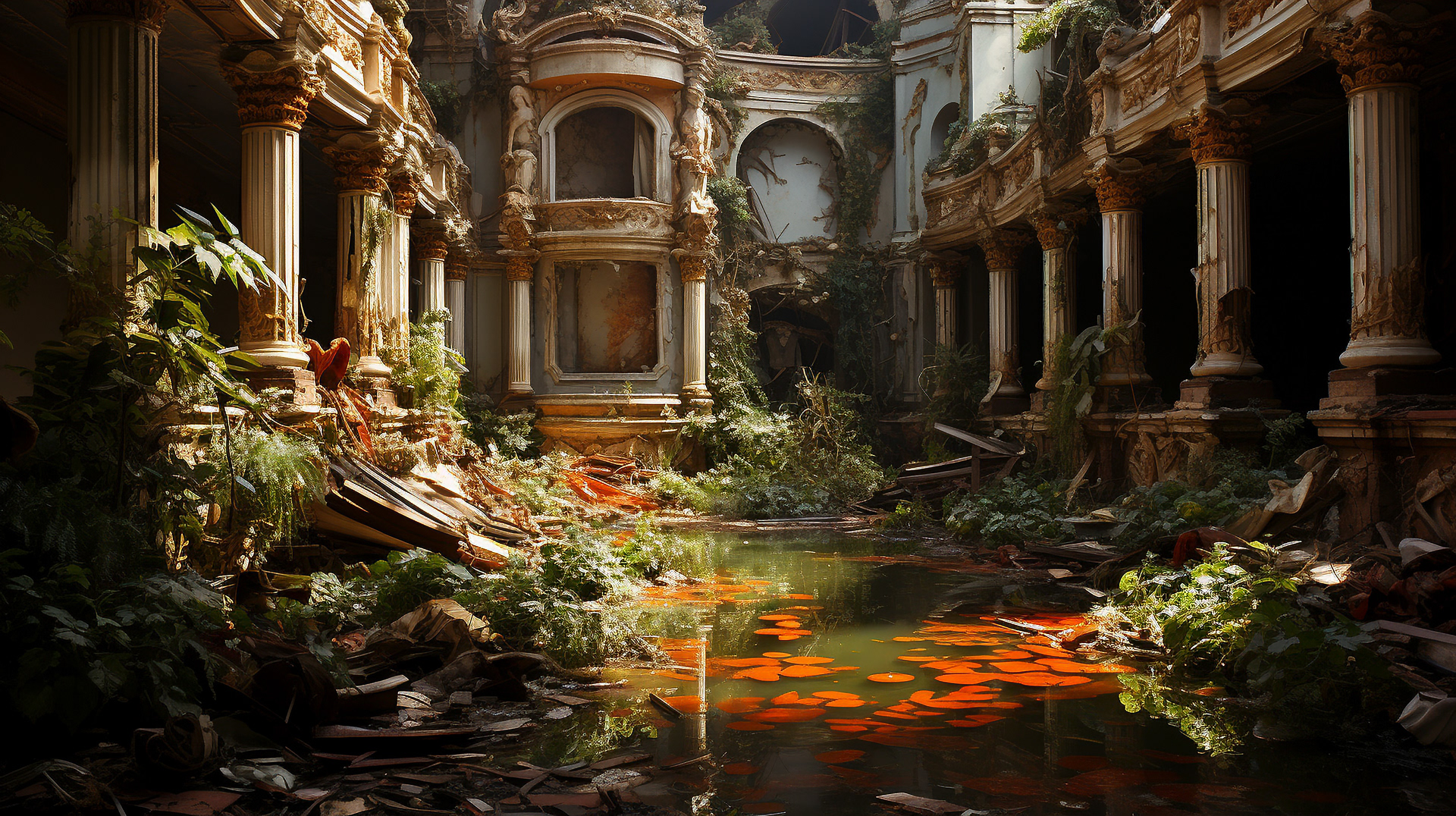 Red flowers flourishing in buildings where art and culture once thrived.