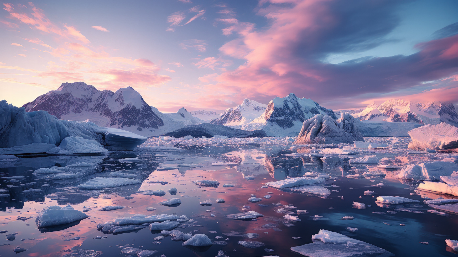 El hipnotizador reflejo del ardiente amanecer en las aguas costeras, con témpanos y glaciares brillando a la luz de la mañana.