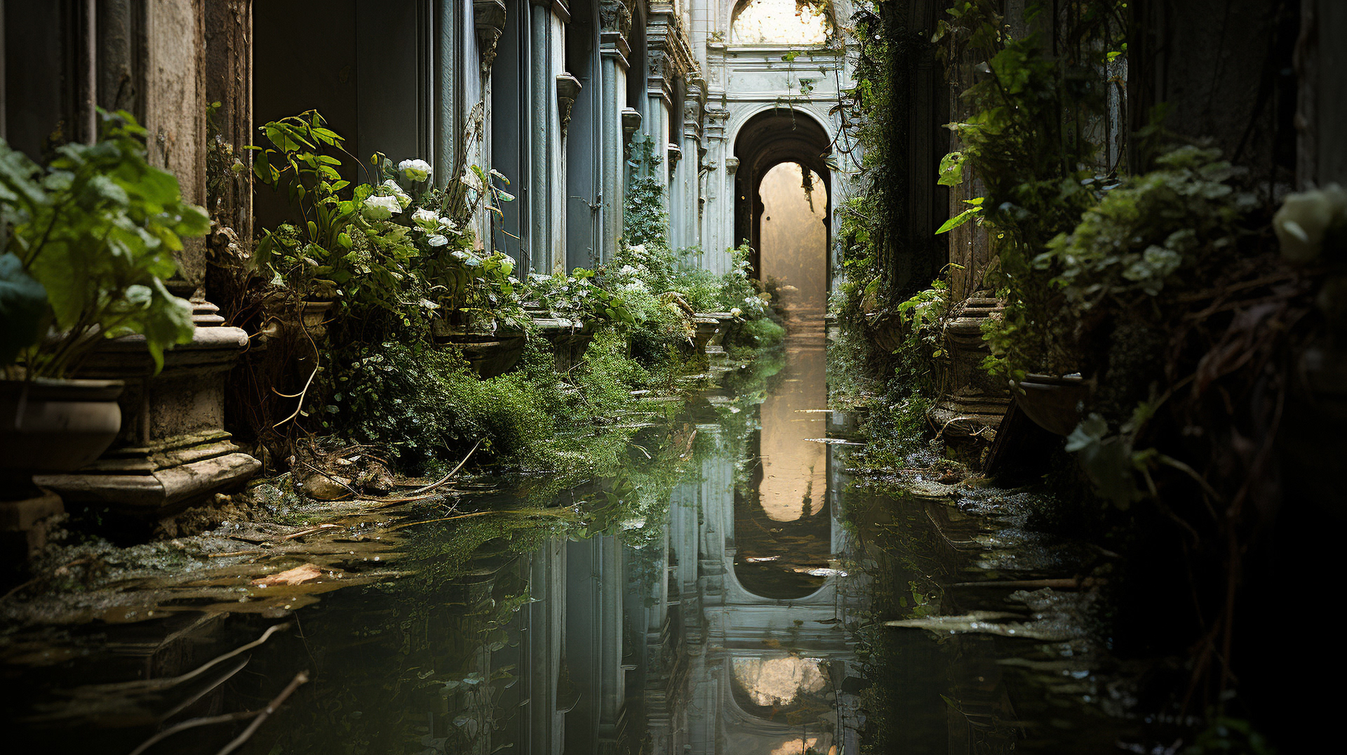 威尼斯。大自然开垦了领地,植物从破碎的窗户中蜿蜒而过。