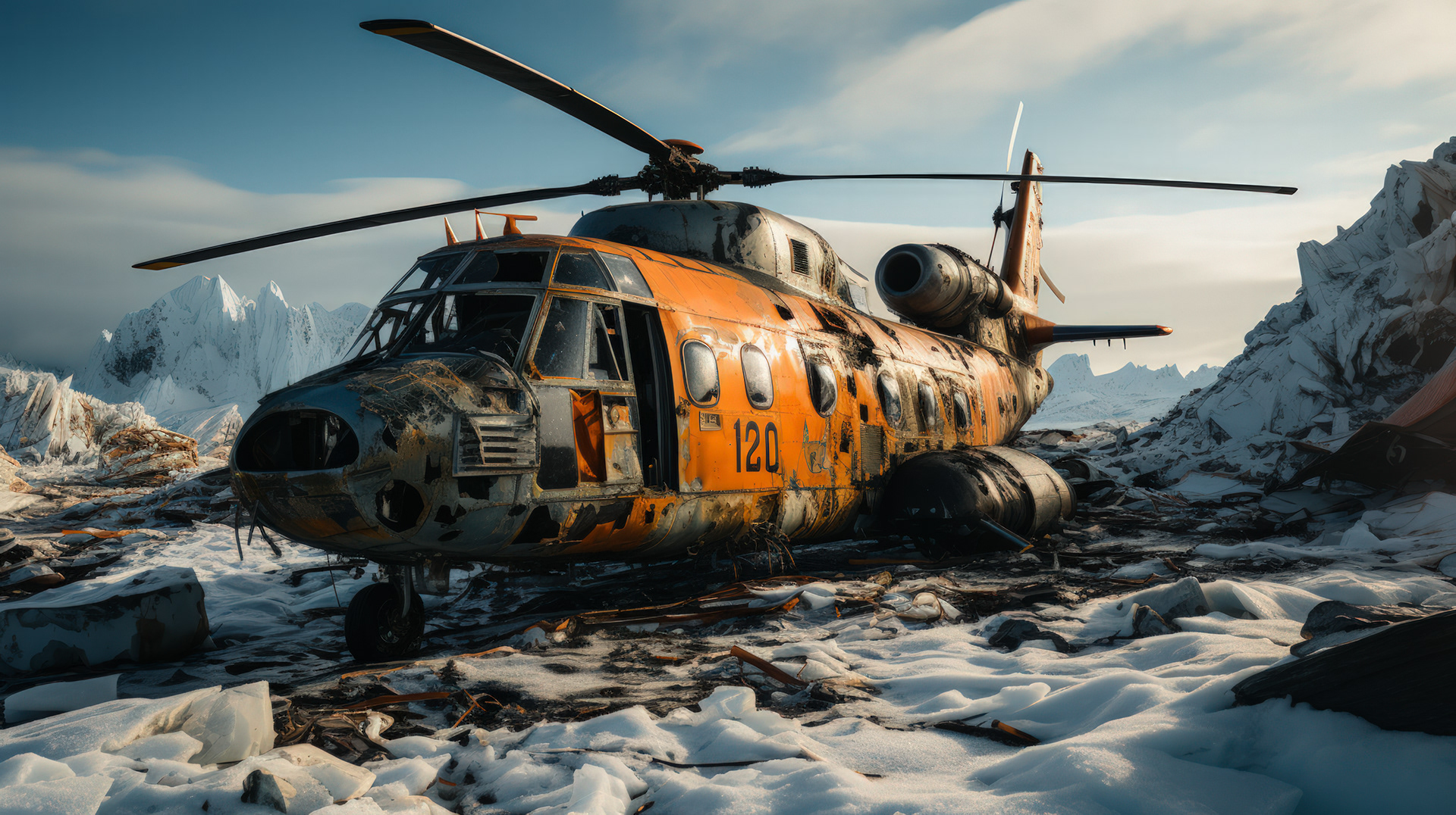 Un helicóptero oxidado y abandonado, semienterrado en la nieve antártica, con sus rotores antaño relucientes y ahora erosionados por los duros elementos, como mudo testimonio de una misión olvidada en el vasto desierto helado.